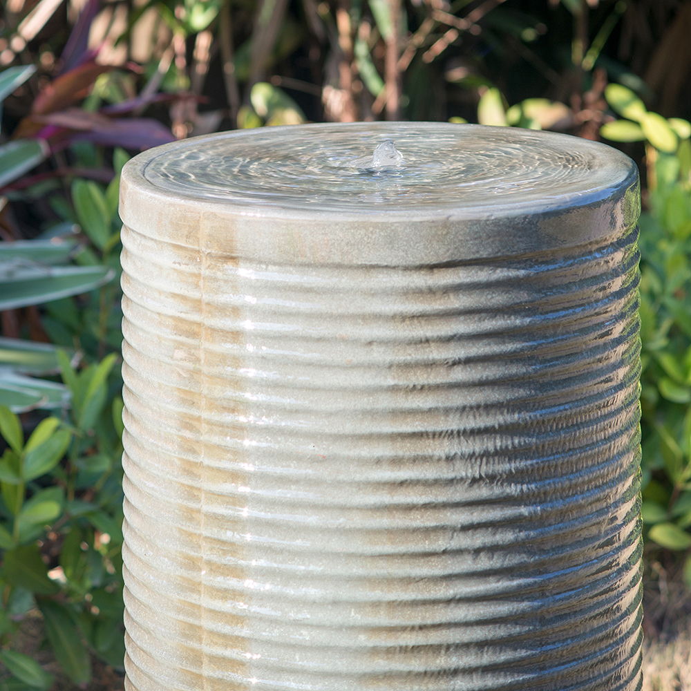 Large Modern Cylinder Ribbed Tower Water Fountain, Contemporary Outdoor Bird Bath