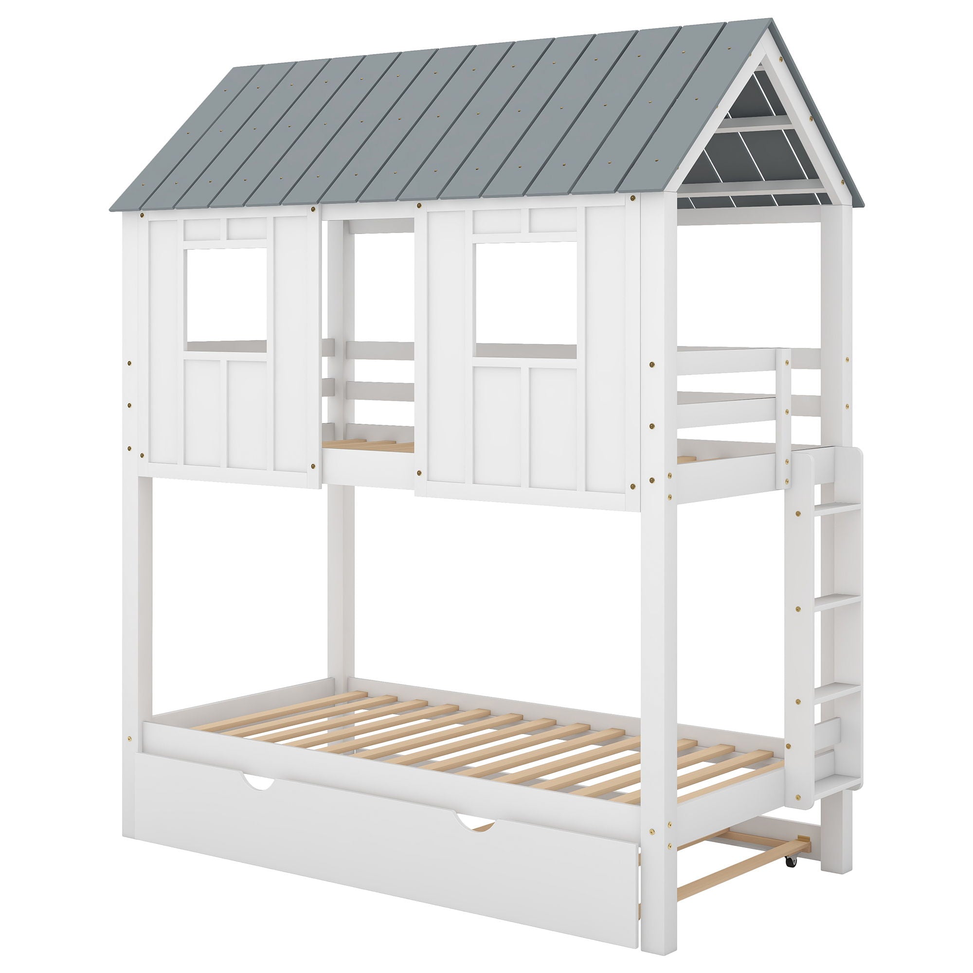 Twin Size House Bunk Bed With Trundle, Roof And Windows - White / Gray