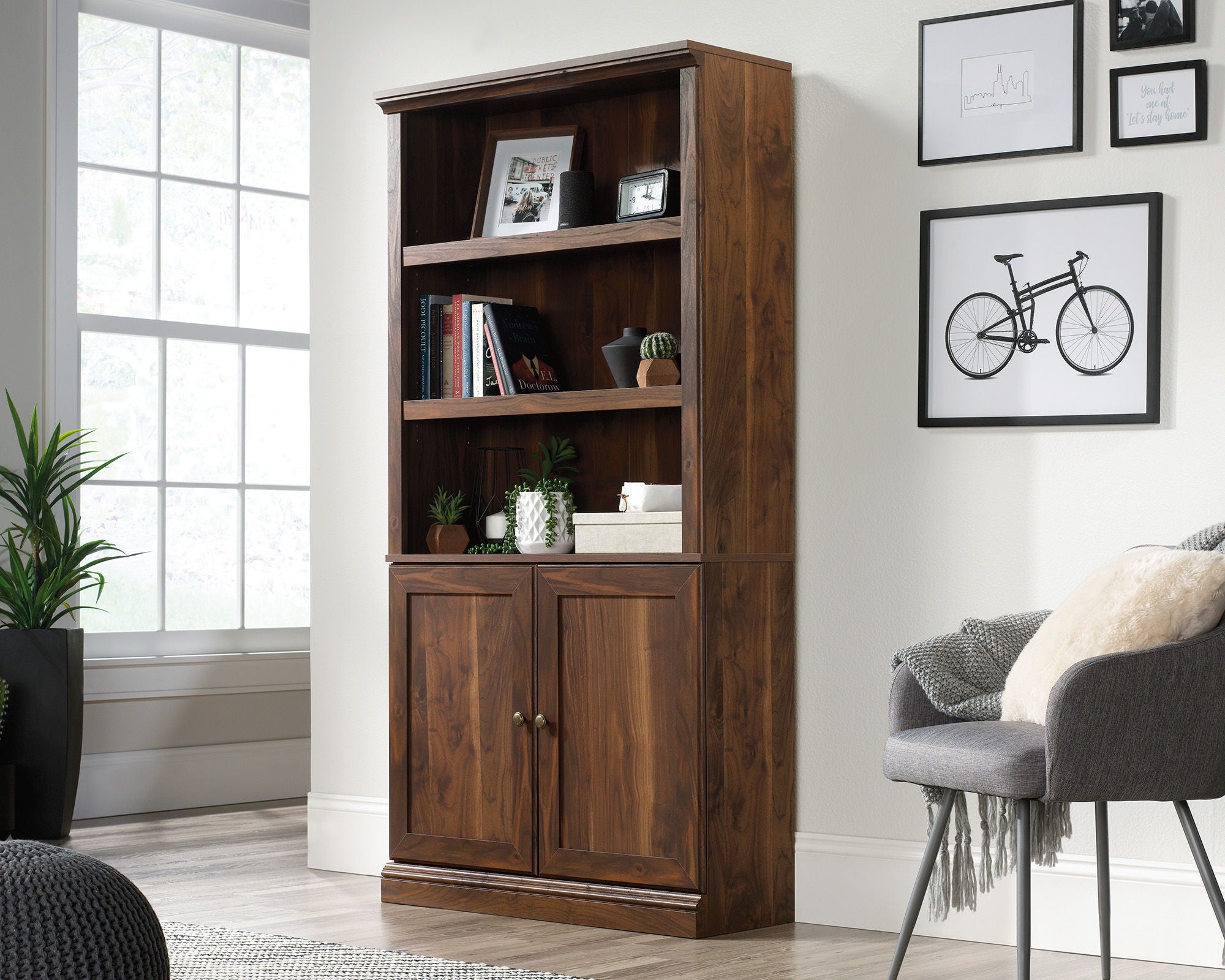 Transitional 3-Shelf Bookcase with Doors