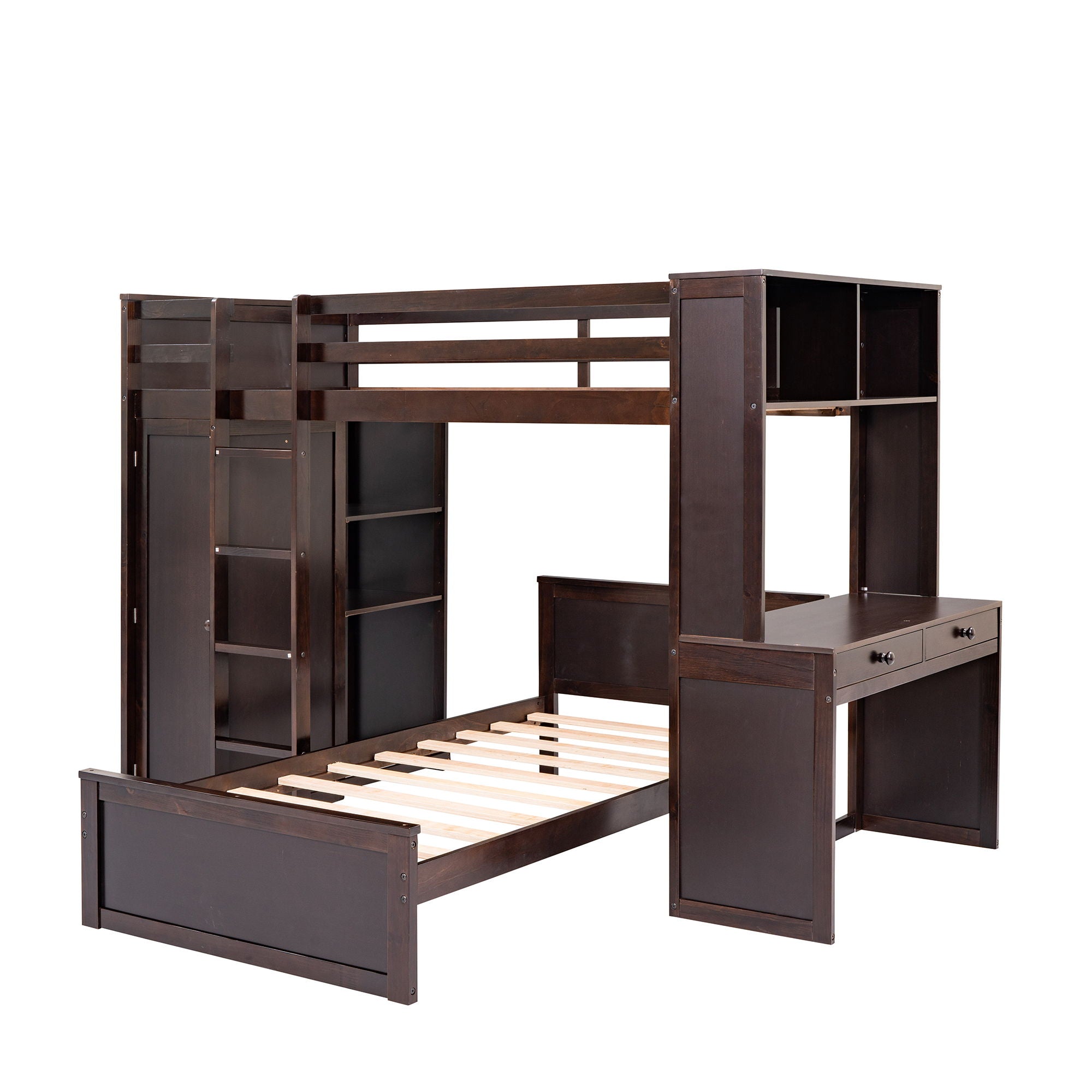 Loft Bed With A Stand Alone Bed, Shelves, Desk, And Wardrobe