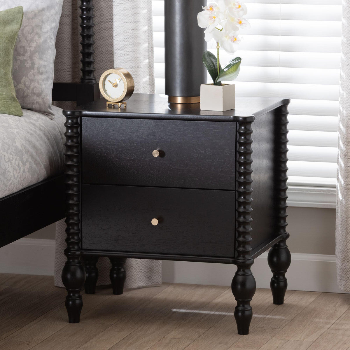 Callison Spindle Nightstand - 2-Drawer Farmhouse Bedside Table with Turned Accents for Bedroom, Black