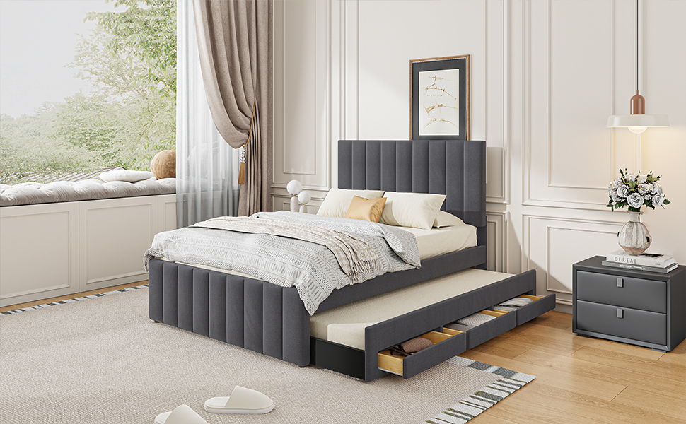 Upholstered Platform Bed With Twin Size Trundle And 3 Drawers