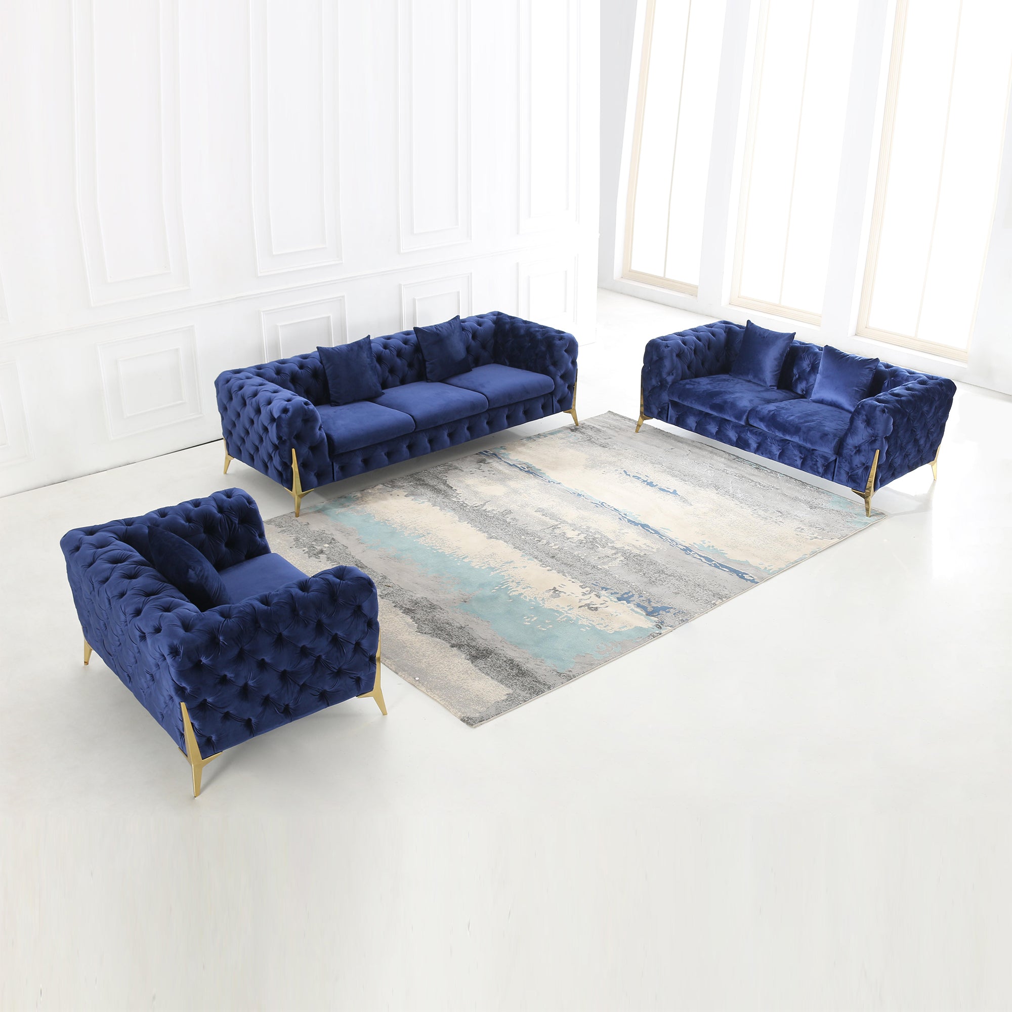 Luxury Armchair, Loveseat, and Sofa Set with Metal Legs