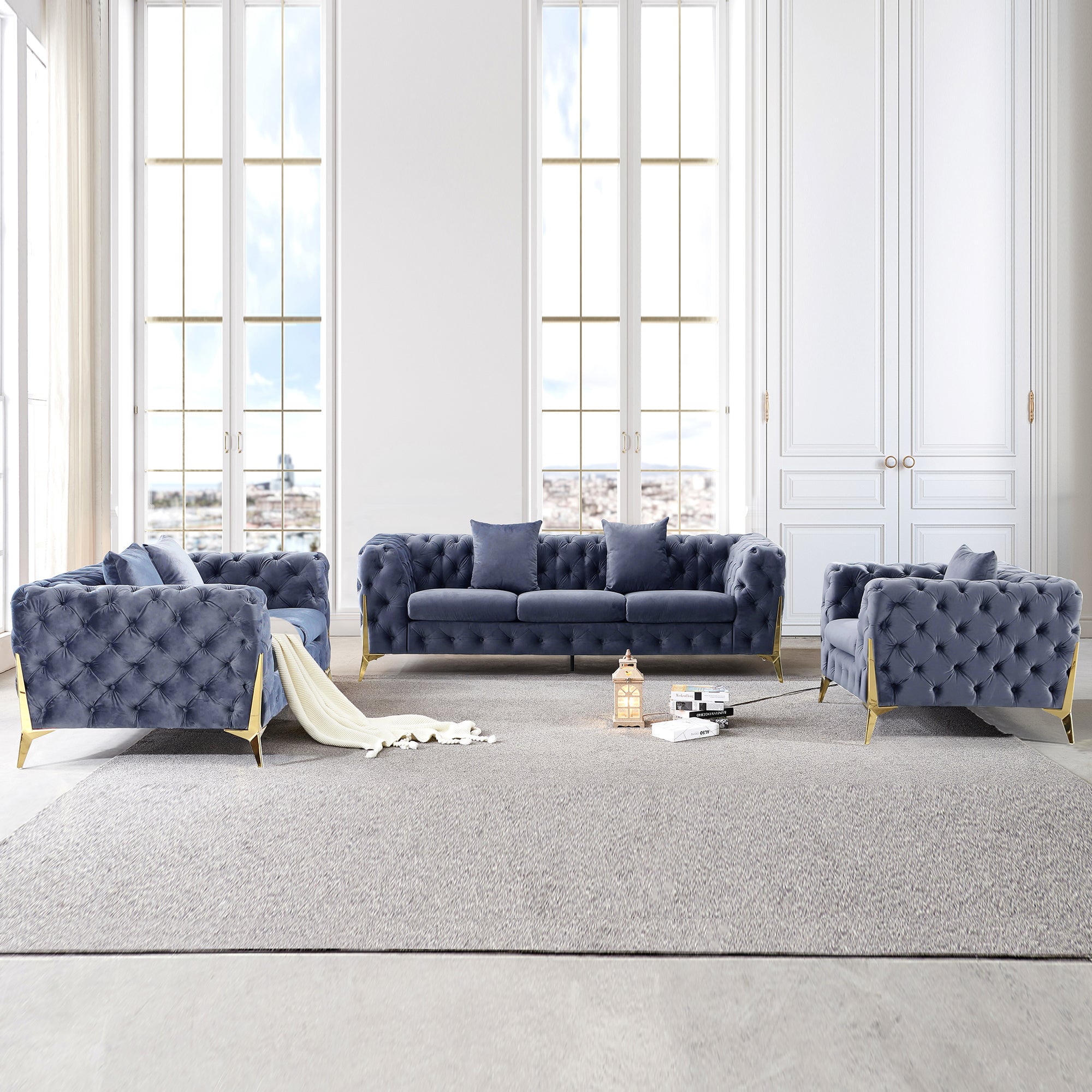 Luxury Armchair, Loveseat, and Sofa Set with Metal Legs