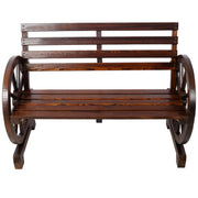Rustic Country 2 Person Wooden Wagon Wheel Bench With Slatted Seat And Backrest - Brown