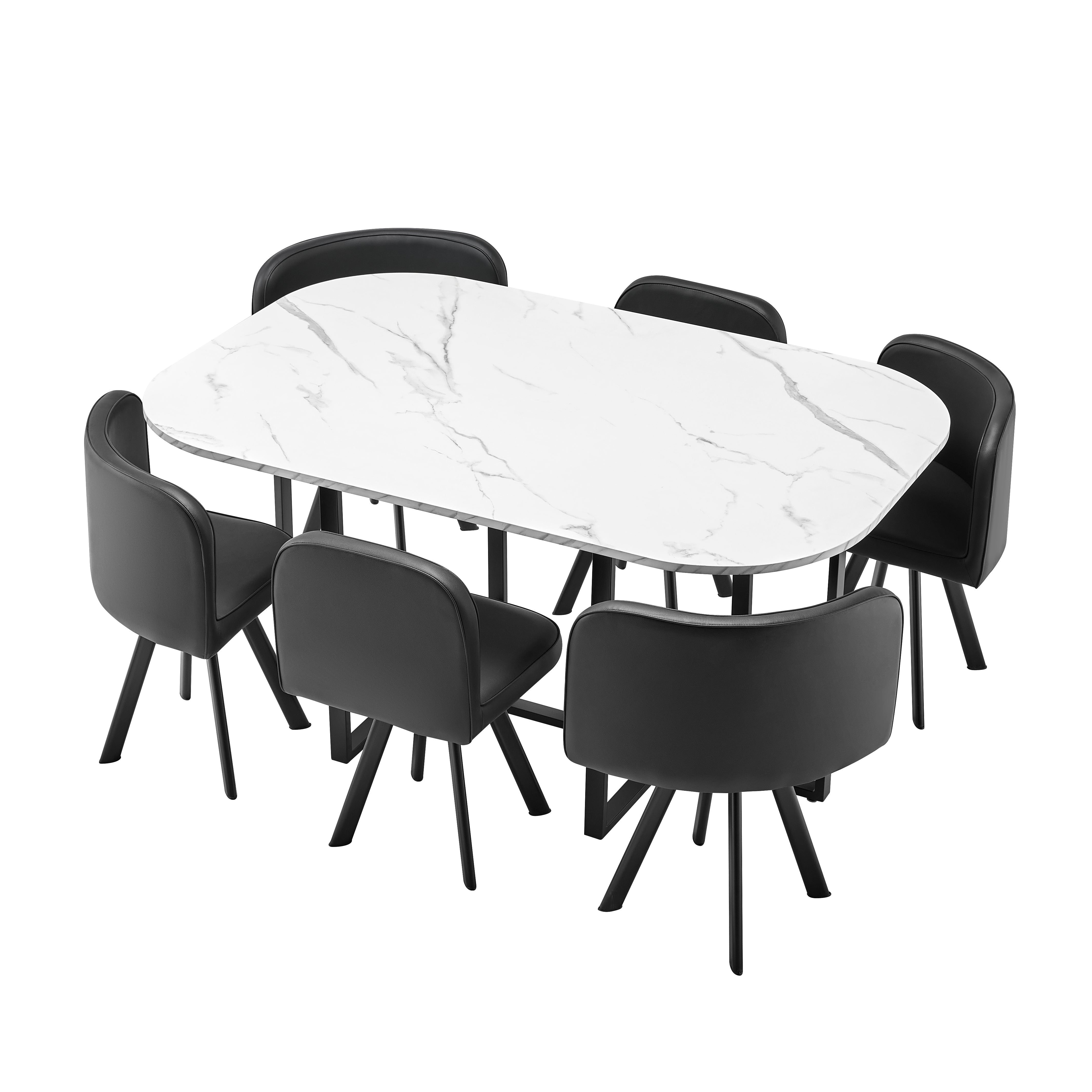 Modern 7-Piece Dining Table Set with White Marble Top and Leatherette/Fabric Chairs