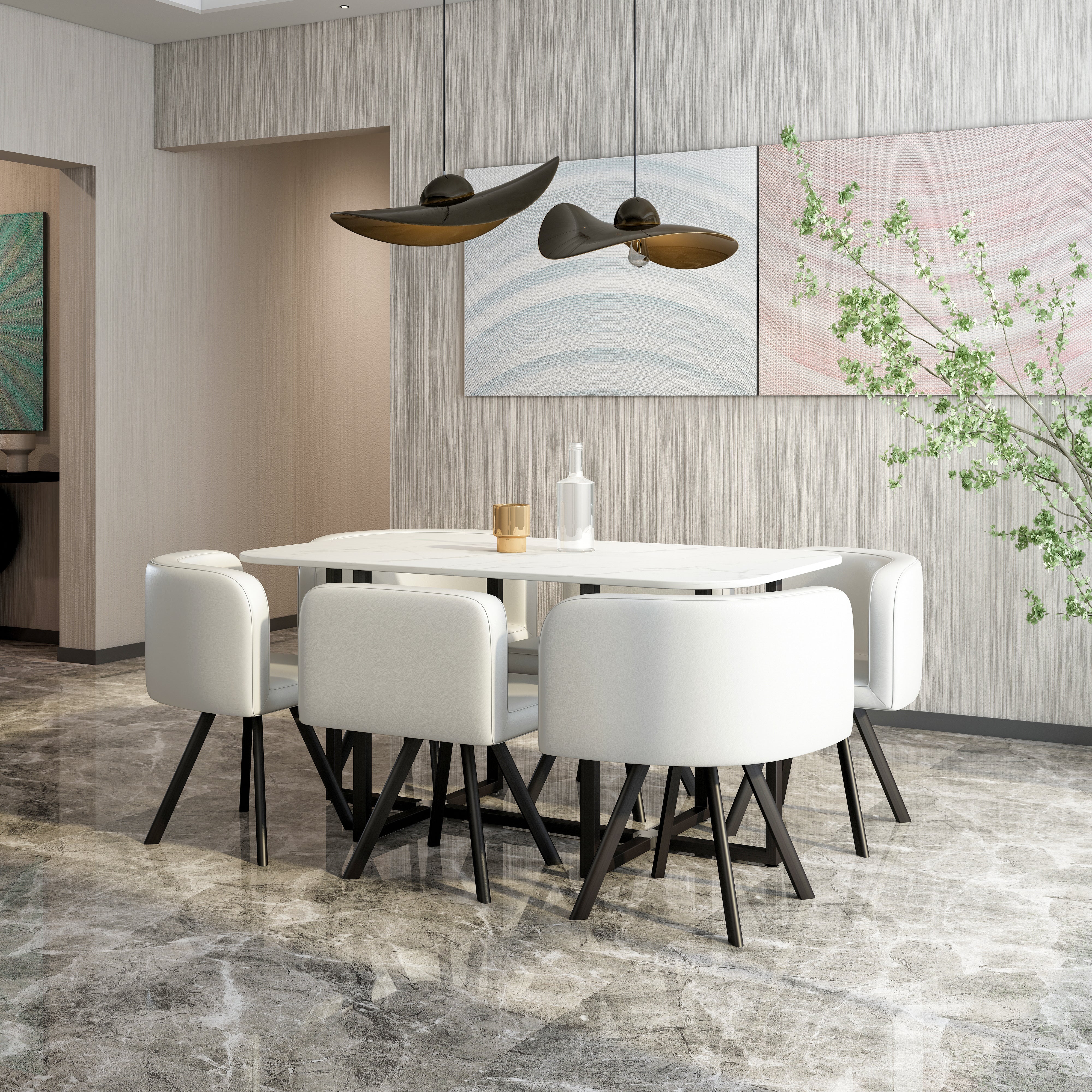 Modern 7-Piece Dining Table Set with White Marble Top and Leatherette/Fabric Chairs