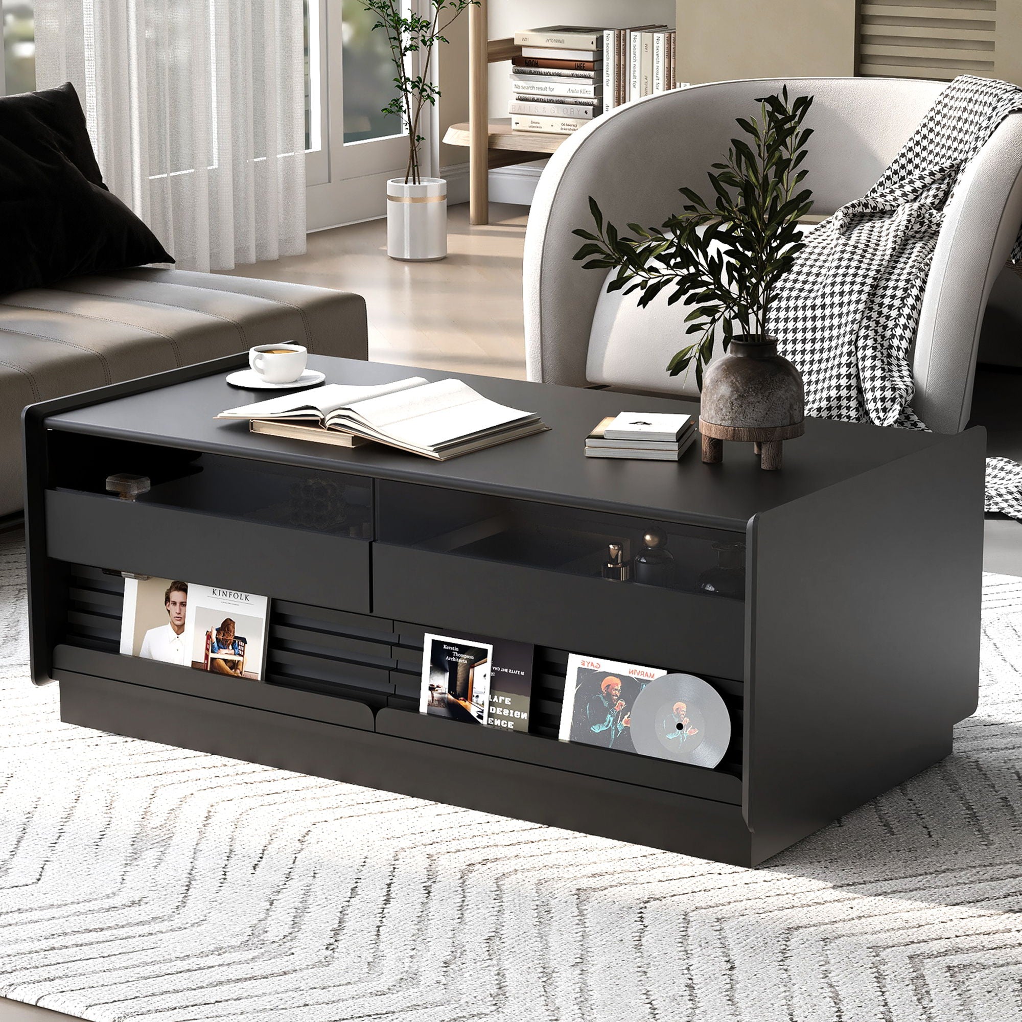 Modern Rectangle Coffee Table With 4 Drawers And 2 Display Shelves