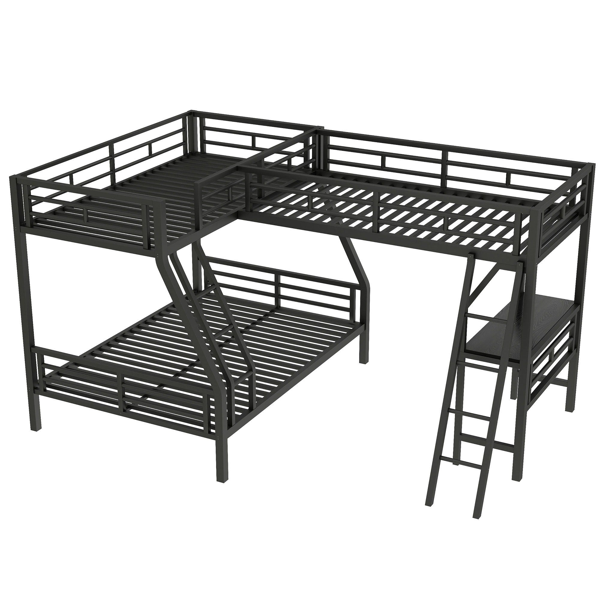 Twin Over Full Bunk Bed With Loft And Desk, L-Shaped Design For 3 Sleepers - Black