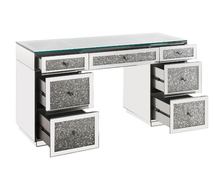 ACME Noralie - Office Desk - Clear Glass, Mirrored & Faux Diamonds | Meri Furniture