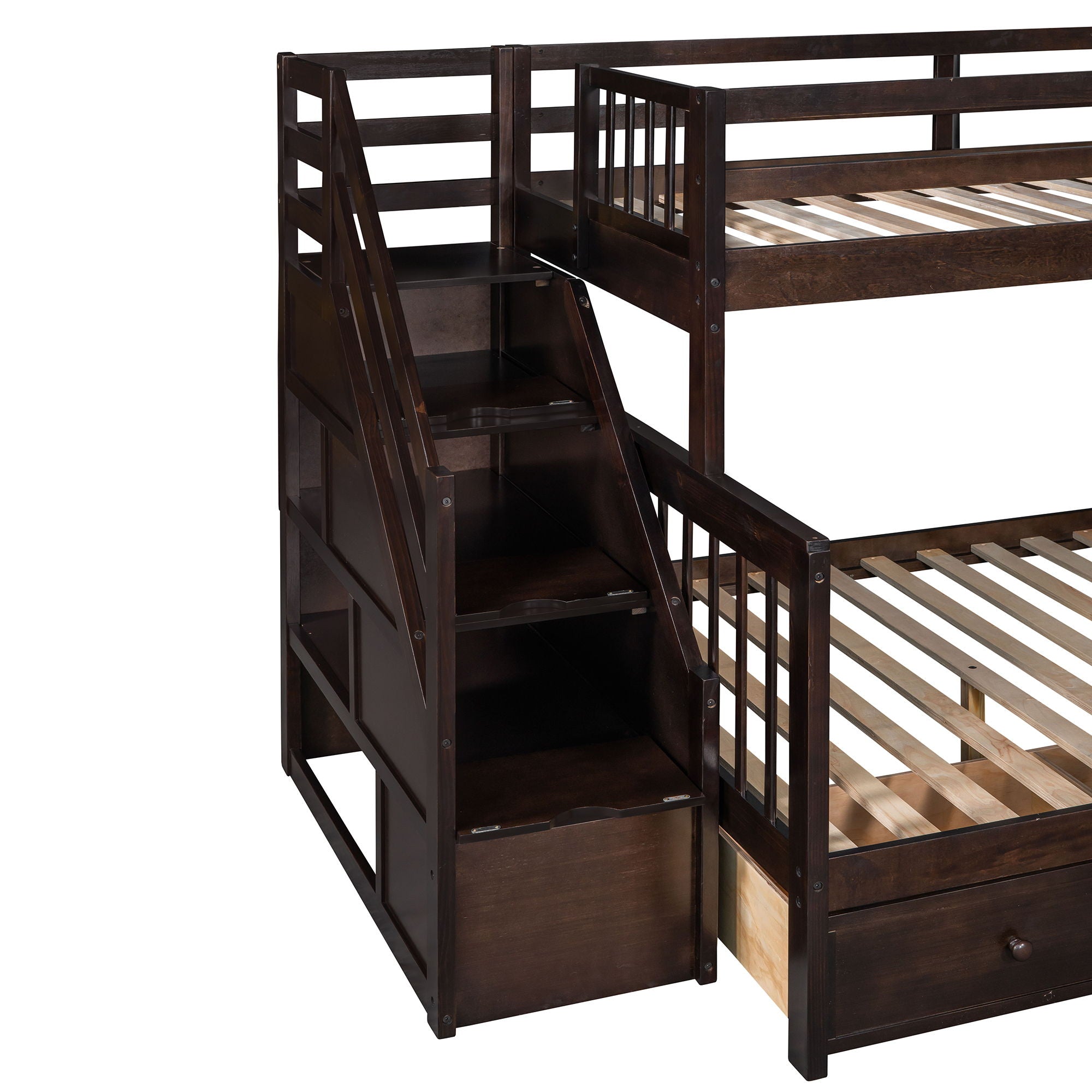 Solid L Shaped Bunk Bed With 3 Drawers, Ladder And Staircase