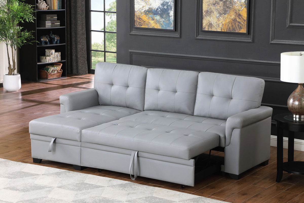 Lucca 84"W Gray Vegan Leather Modern Reversible Sleeper Sectional Sofa with Storage Chaise