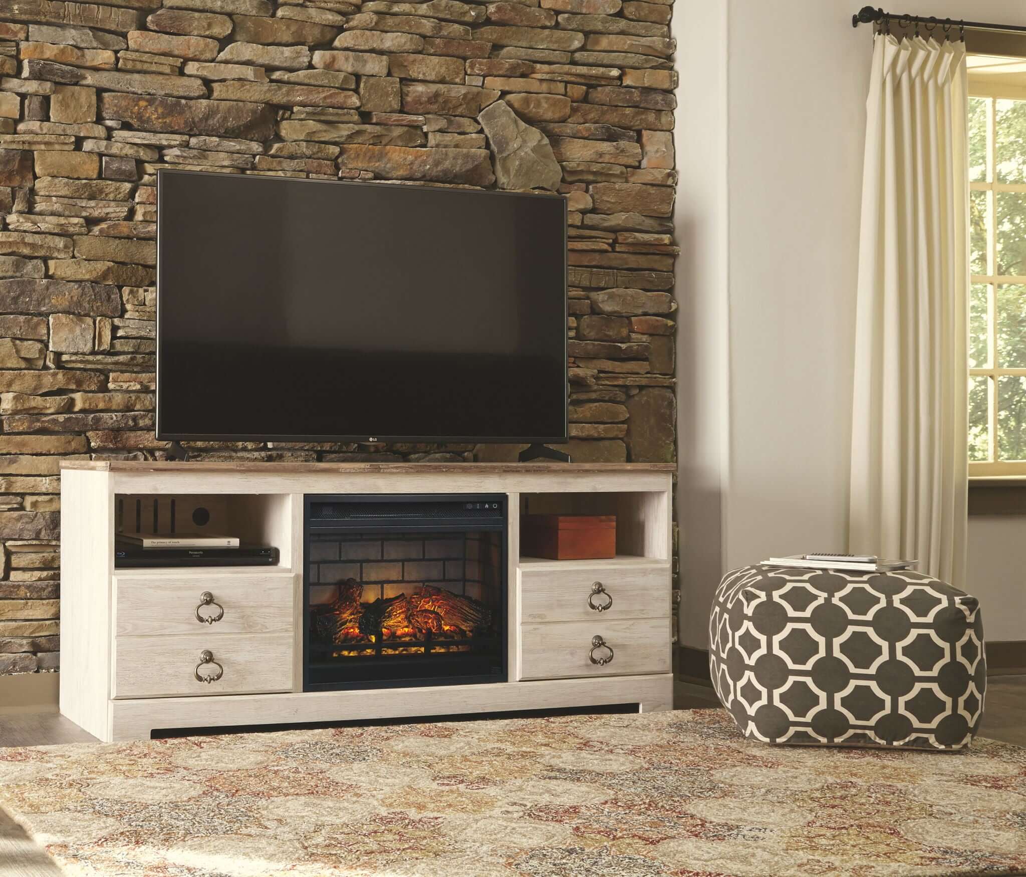 Willowton - 2 Pc. - 64" TV Stand with Faux Firebrick Fireplace Insert - Whitewash