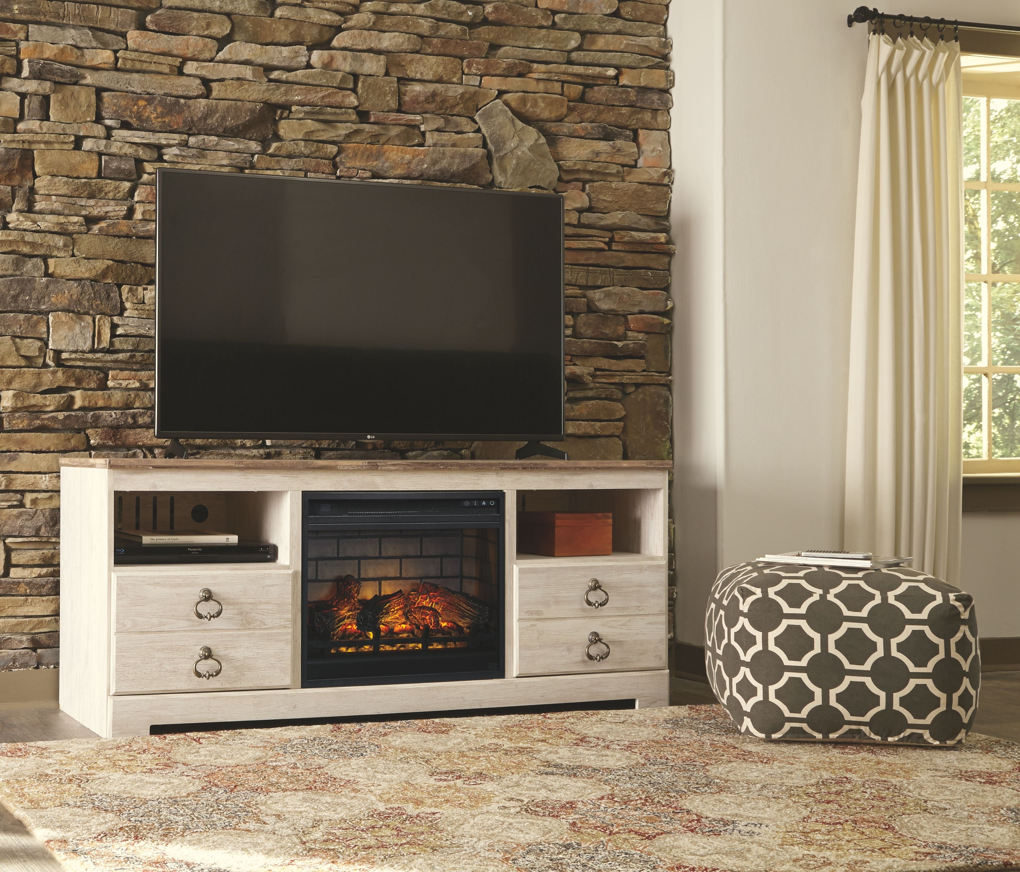 Signature Design by Ashley® Willowton - Whitewash - 2 Pc. - 64" TV Stand With Faux Firebrick Fireplace Insert | Meri Furniture