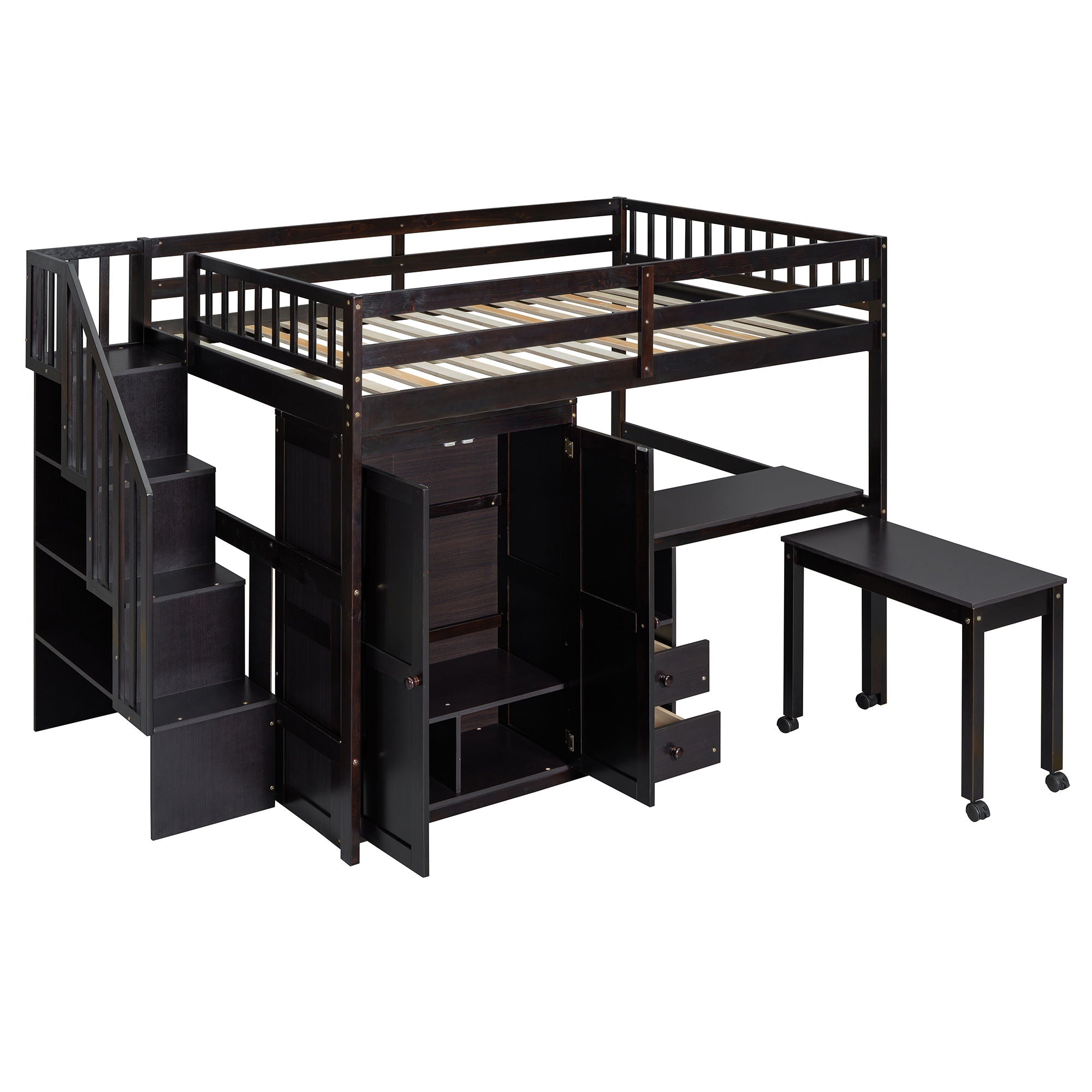 Loft Bed With Stairs, Bookshelf, Drawers, Desk & Wardrobe, Space Saving Multifunctional Furniture