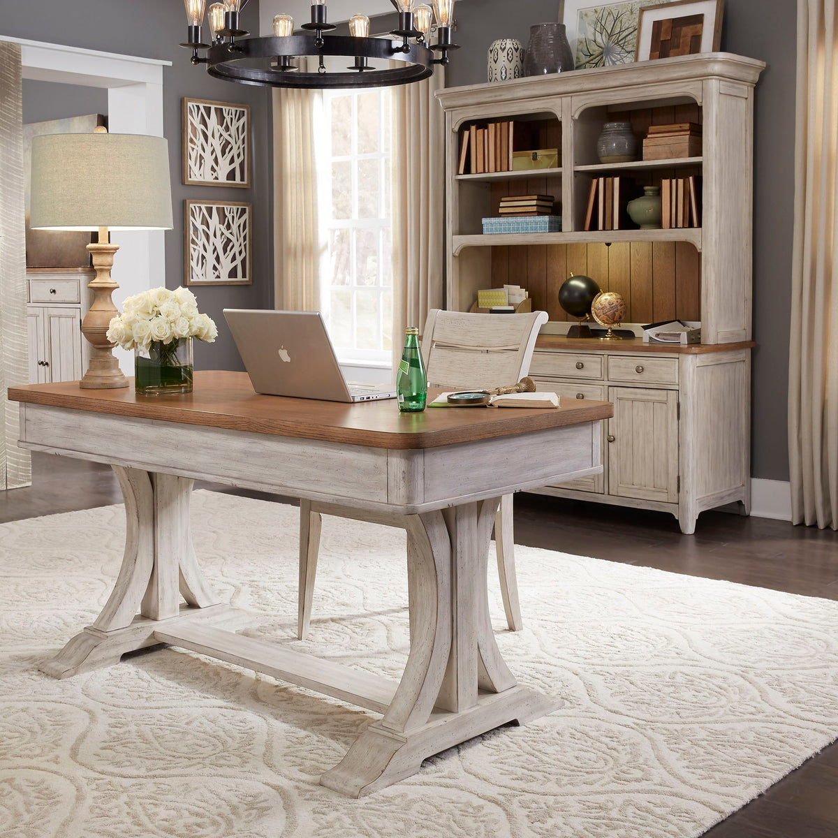Farmhouse Reimagined - 3 Piece Home Office Set (Desk & Hutch) - Antique White / Chestnut Tops