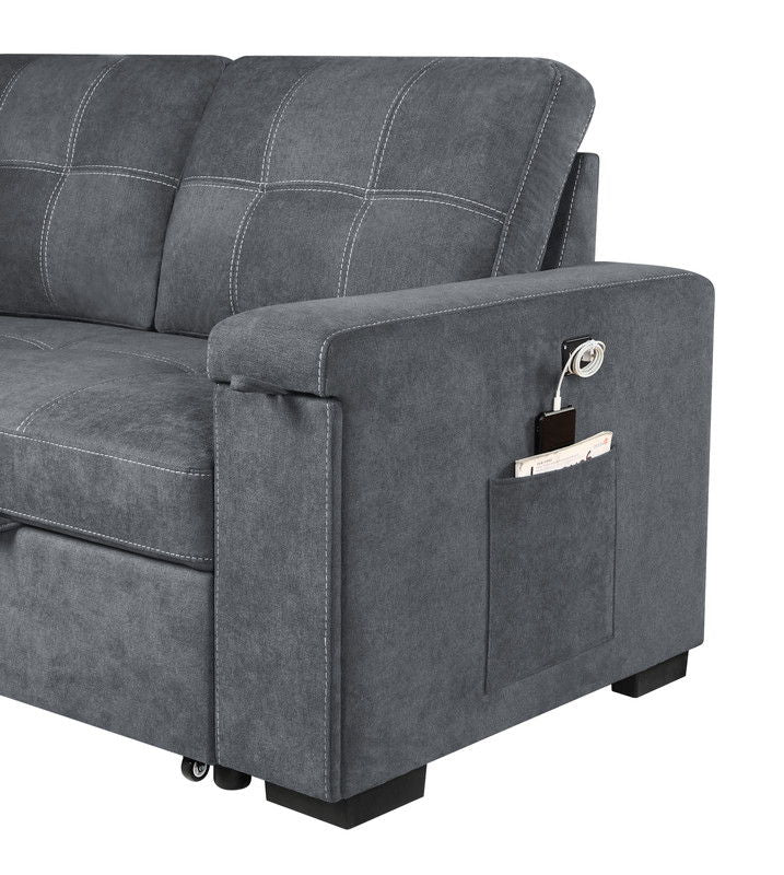 Toby 95"W Gray Woven Fabric Reversible Sleeper Sectional Sofa with Storage Chaise Cup Holder Charging Ports and Pockets