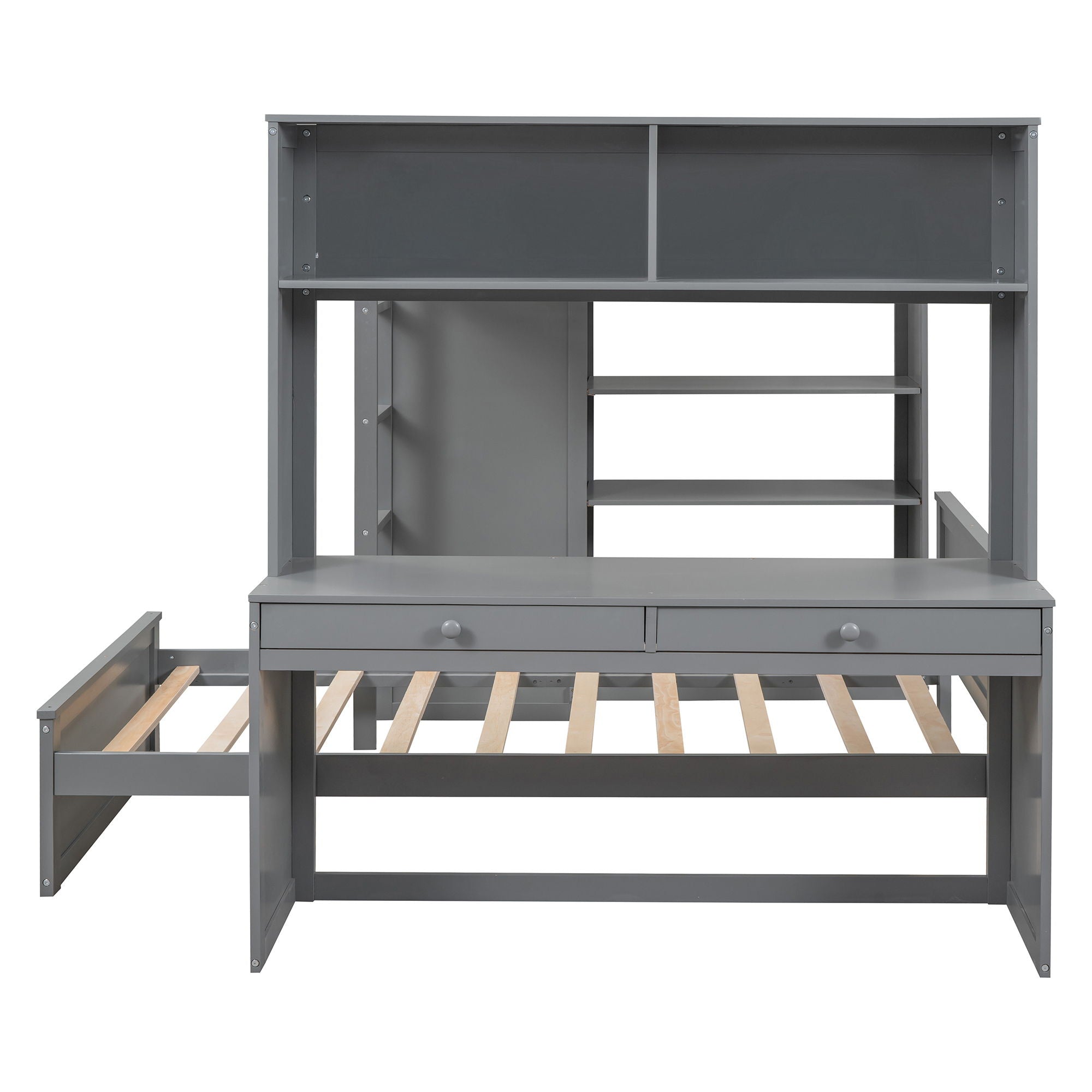 Loft Bed With A Twin Size Standalone Bed, Shelves, Desk, And Wardrobe