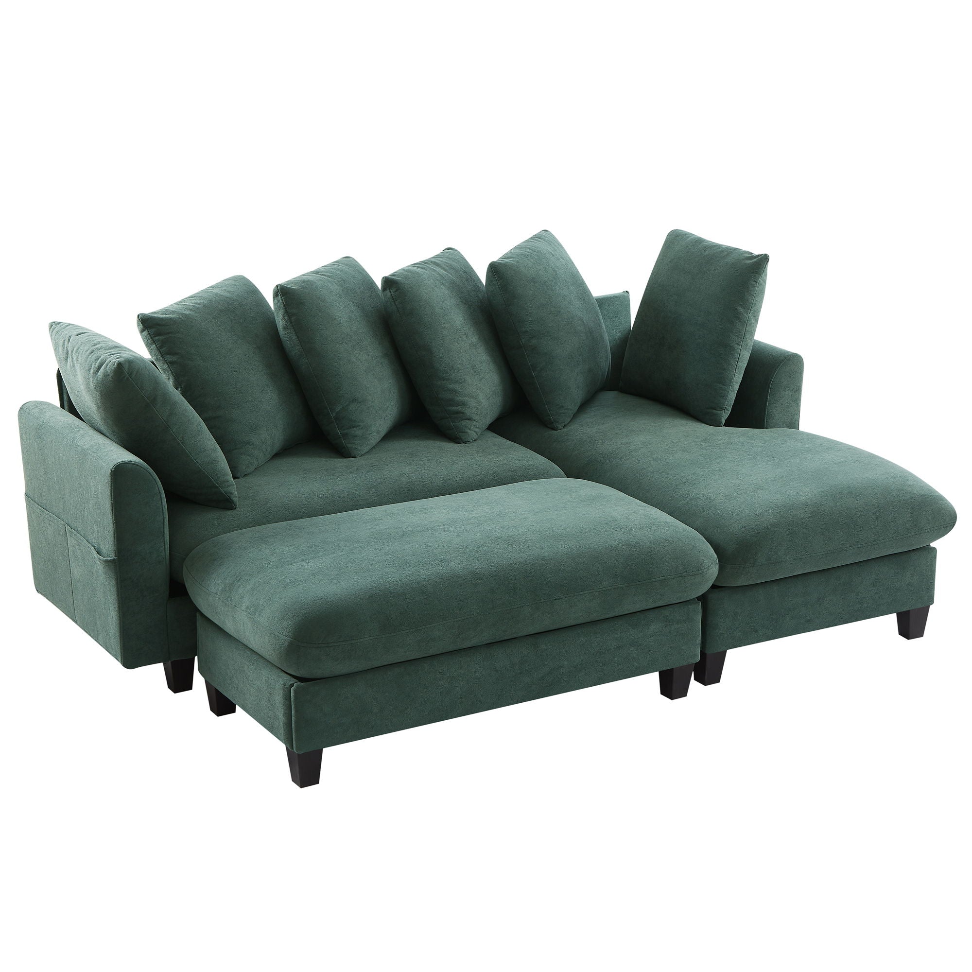 Upholstered L Shaped Sectional Sofa With Storage, Movable Ottoman, And 6 Throw Pillows