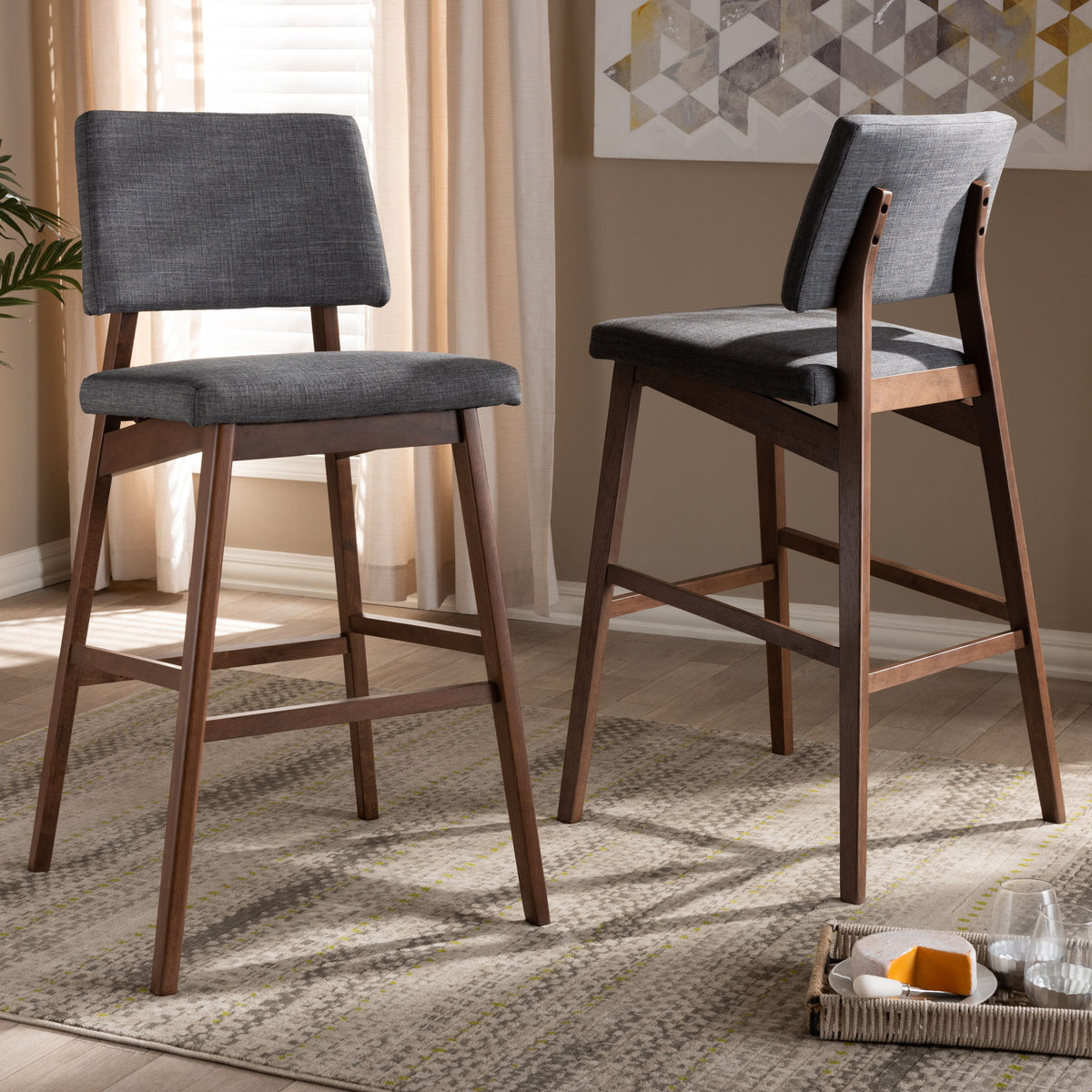 Colton Mid-Century Modern Dark Gray Fabric Upholstered and Walnut-Finished Wood Bar Stool Set of 2