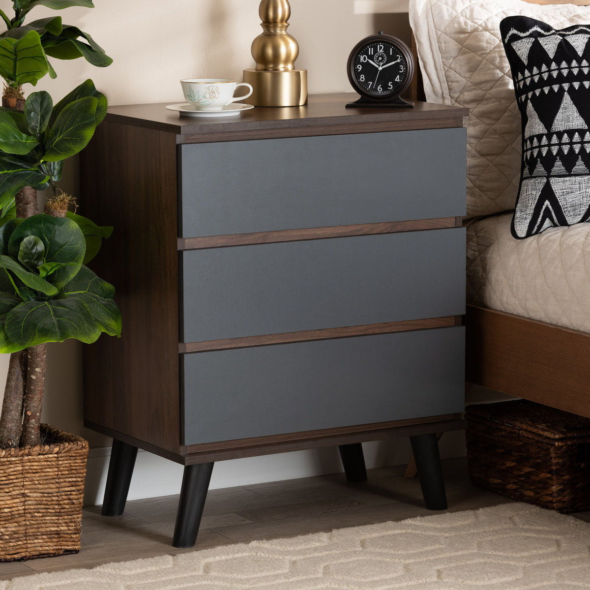 Roldan Modern and Contemporary Two-Tone Walnut and Grey Finished Wood 3-Drawer Bedroom Chest