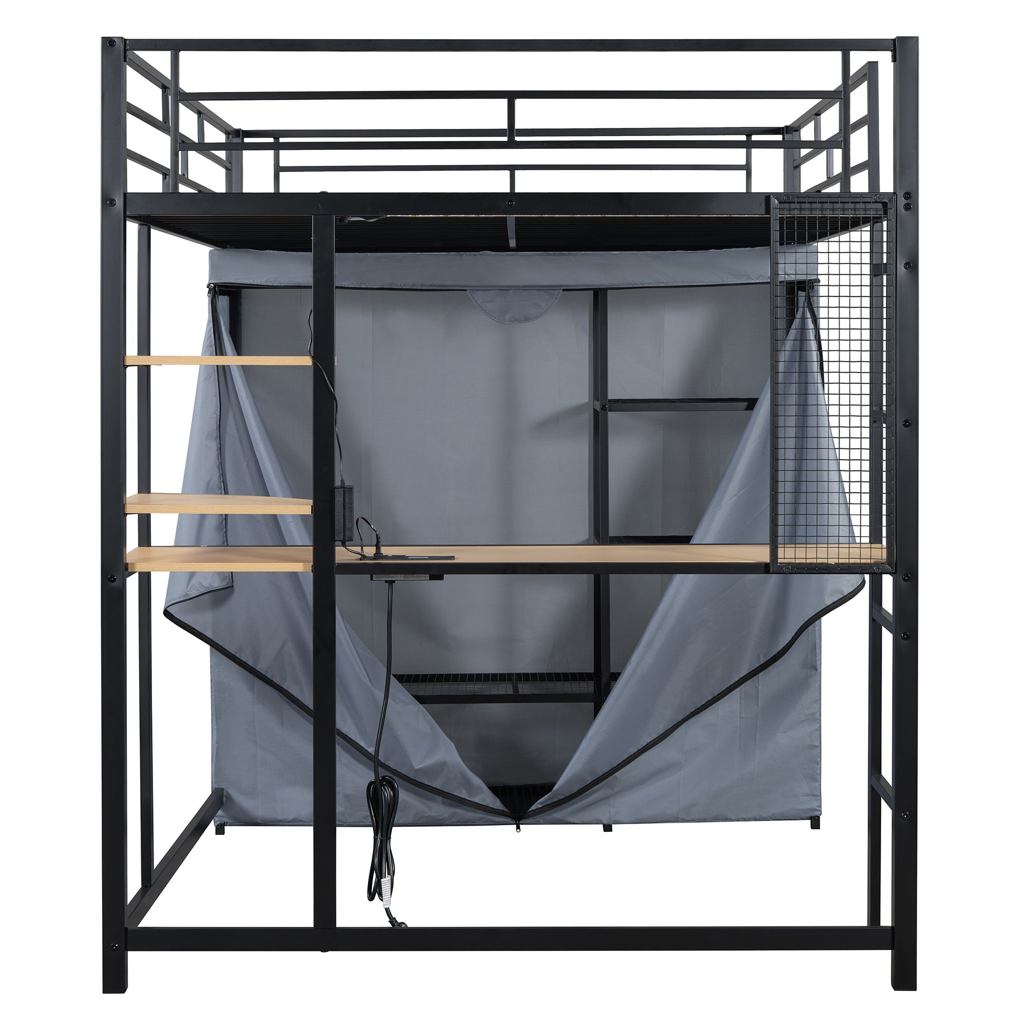 Loft Bed With Desk, Shelves, Power Outlet, LED Light And Wardrobe