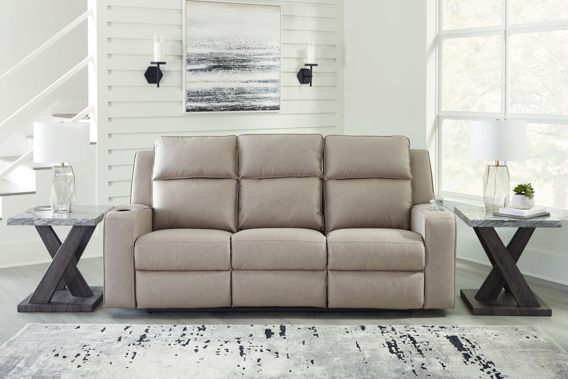 Signature Design by Ashley® Lavenhorne - Pebble - Rec Sofa W/Drop Down Table | Meri Furniture