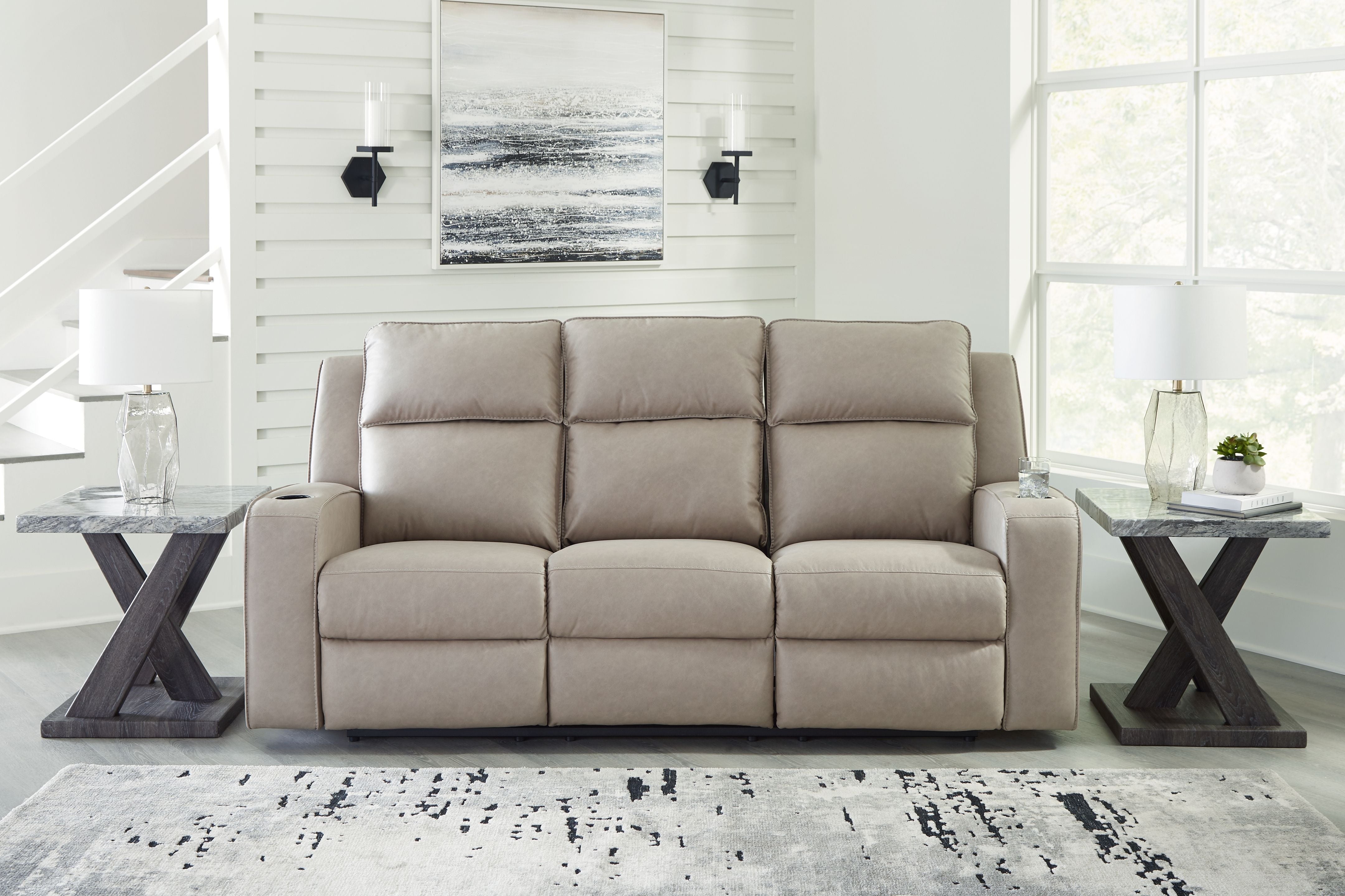 Signature Design by Ashley® Lavenhorne - Pebble - Rec Sofa W/Drop Down Table | Meri Furniture