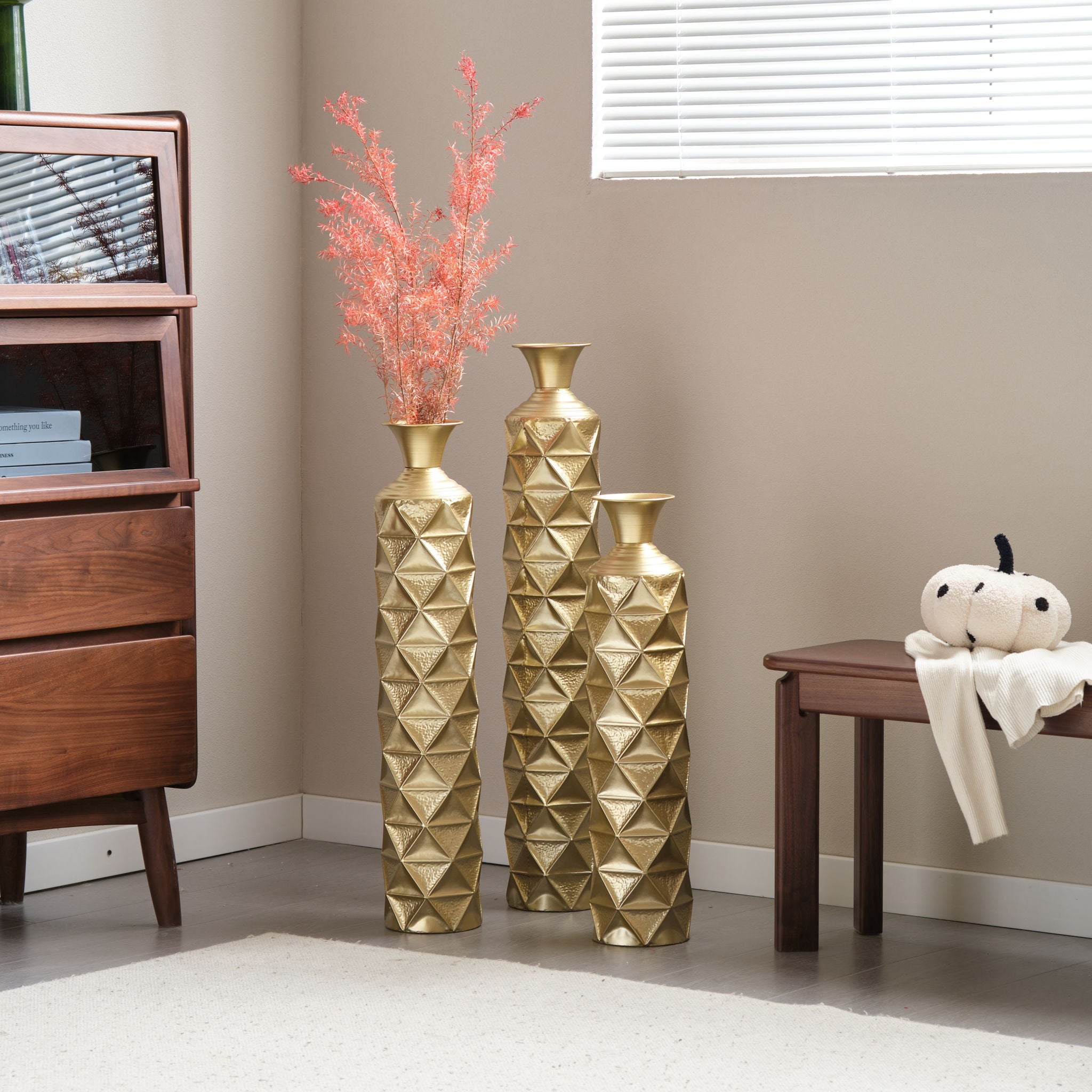 Metal Decorative Vase High Distress Metal Center Vase With 3D Triangle Pattern, (Set of 3) Vases For Home Decoration - Gold