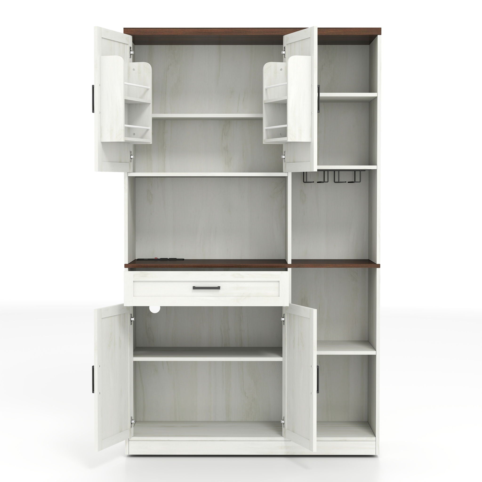 Farmhouse Kitchen Pantry Sideboard With Cabinet And Drawer, Multi Functional Kitchen Buffet With Hutch And Glass Holder, Microwave Stand With Charging Station - Brown / Antique White