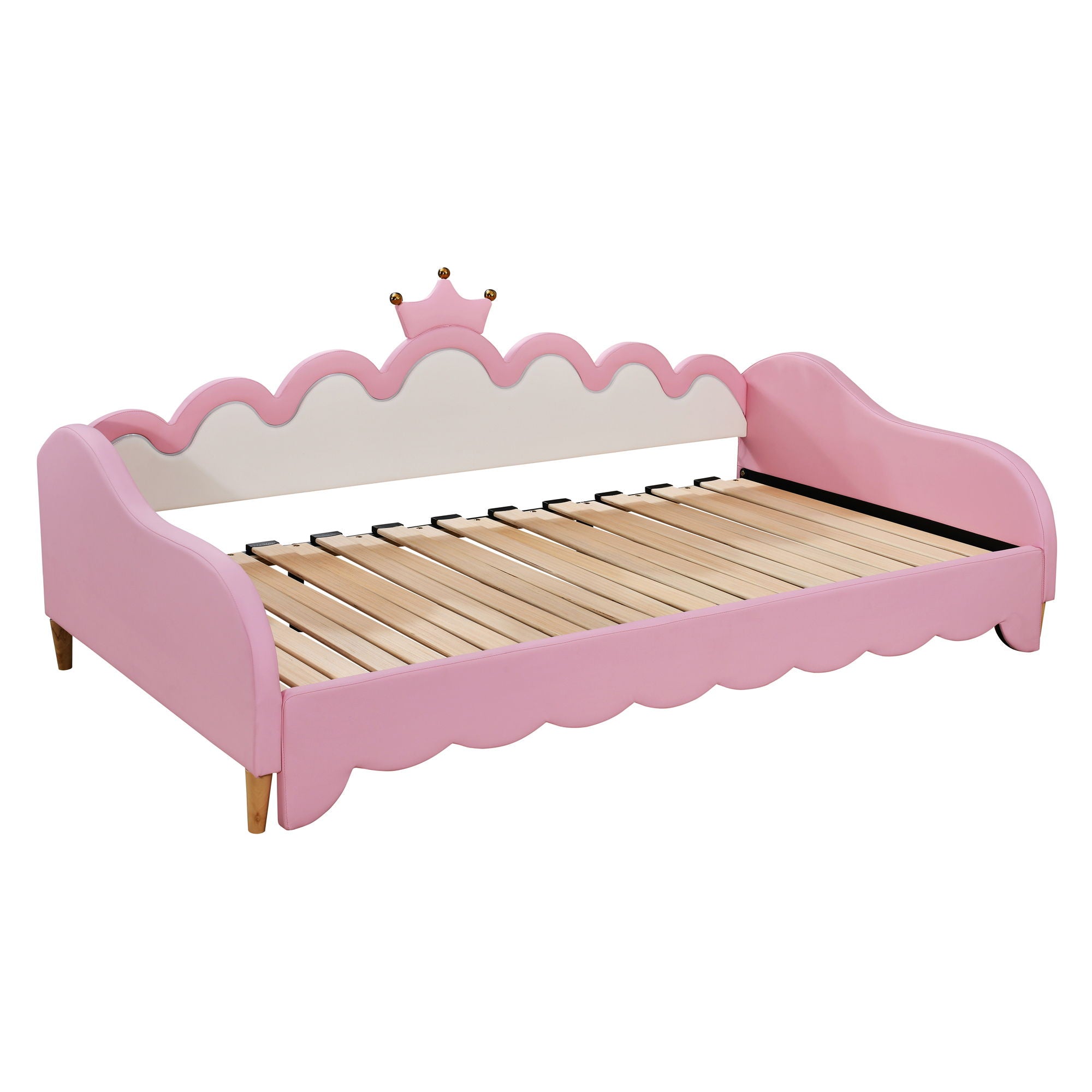 Extending Daybed With LED Lights, Modern Upholstered Princess Daybed With Crown Headboard