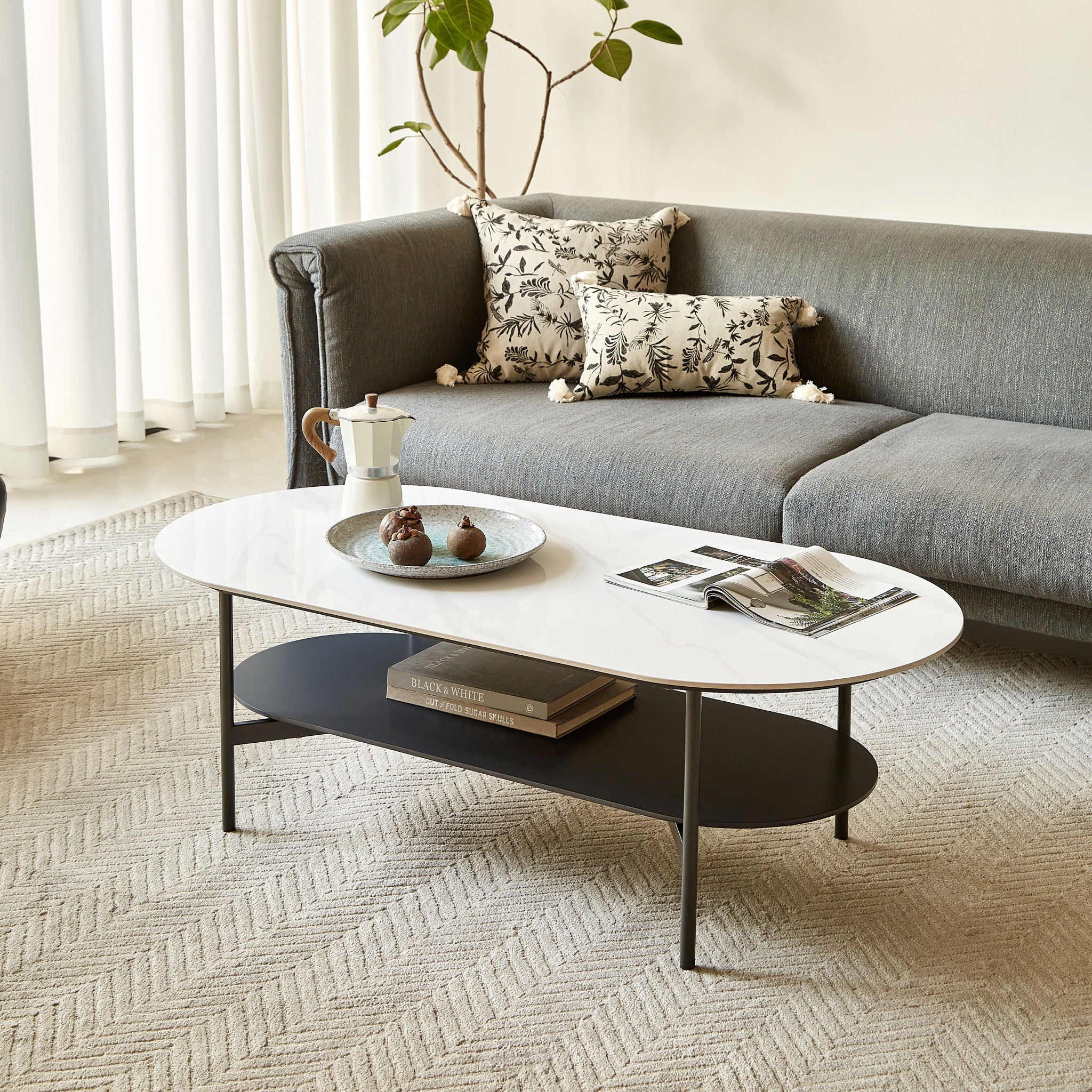 Contemporary Coffee Table Sintered Stone Surface With Ceramic Finish Double Layer Design Base Matte Shelf Modern Living Room Center Table - White / Gray