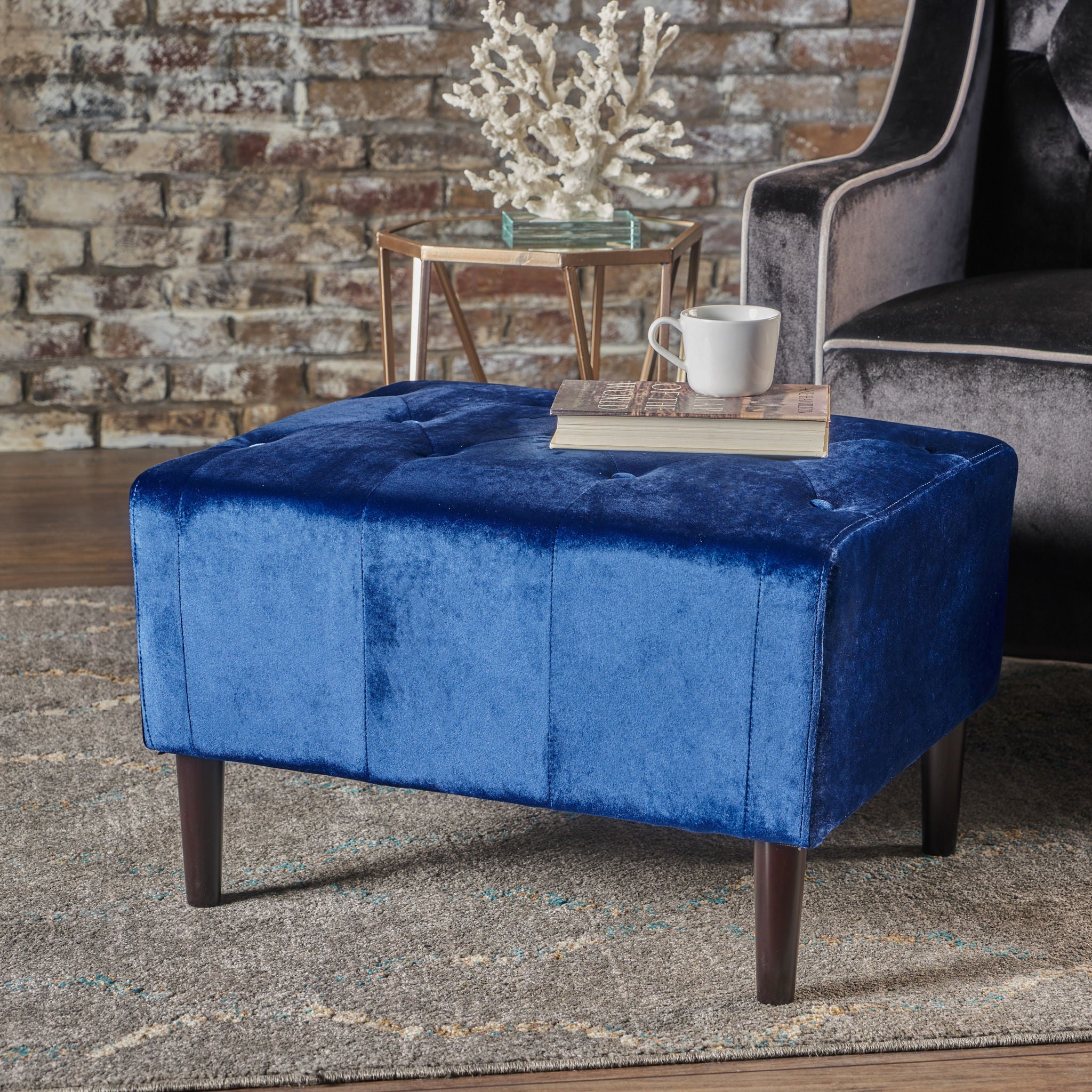 Mid Century Ottoman Velvet With Button Tufting With Birch Wood Legs - Navy Blue
