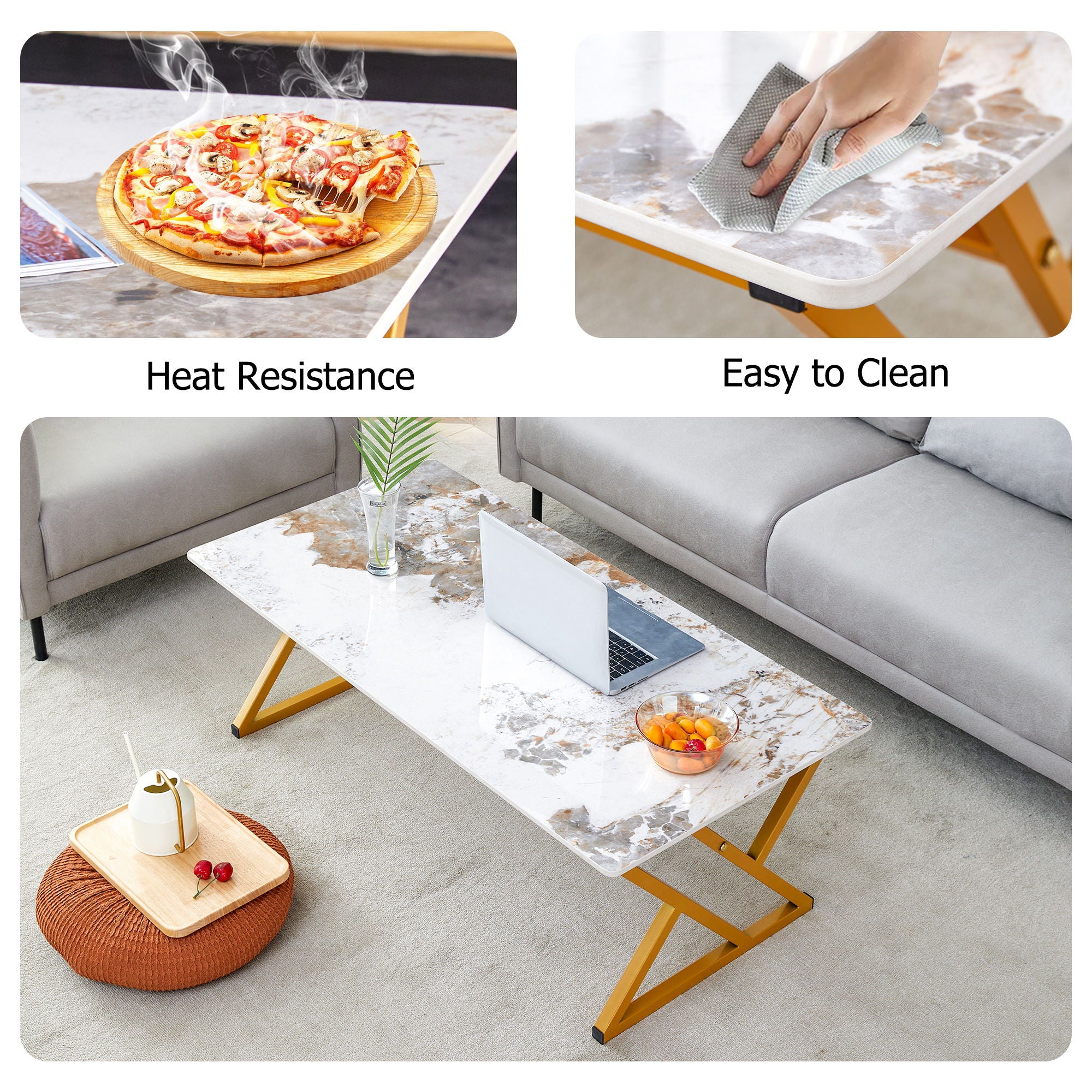 Coffee Table With A Natural And Smooth Marble Pattern On The Surface - Gold