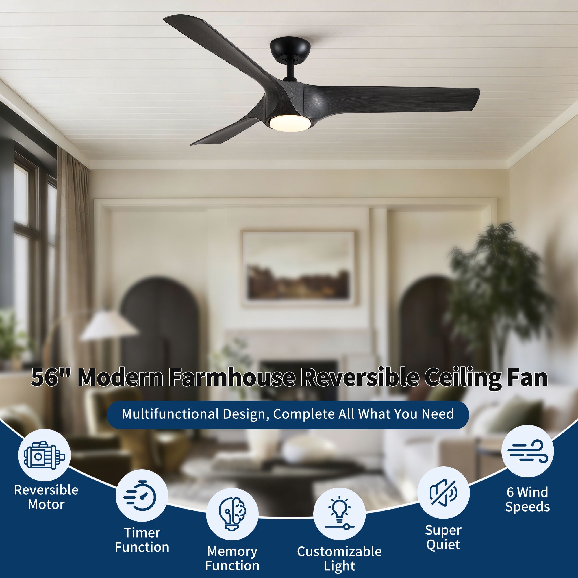 Reversible Quiet Motor Ceiling Fan Light With ABS Blades