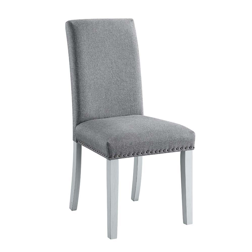 ACME Lanton - Side Chair (Set of 2) - Gray Linen & Antique White Finish | Meri Furniture
