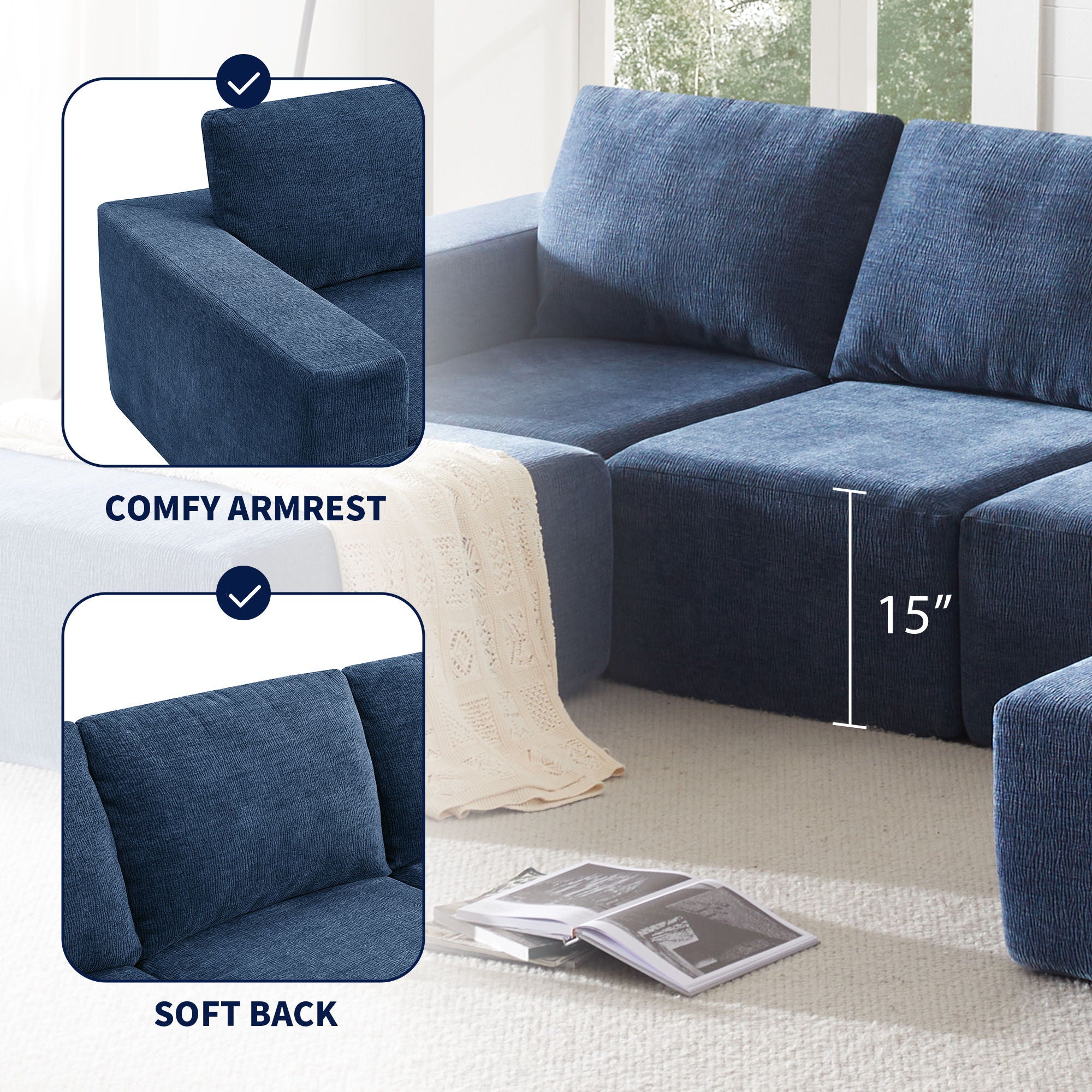 Modular U Shaped Sectional With Ottomans, Luxury Cloud Floor Couch With Deep Seat Fully Compressed Upholstered Sofa