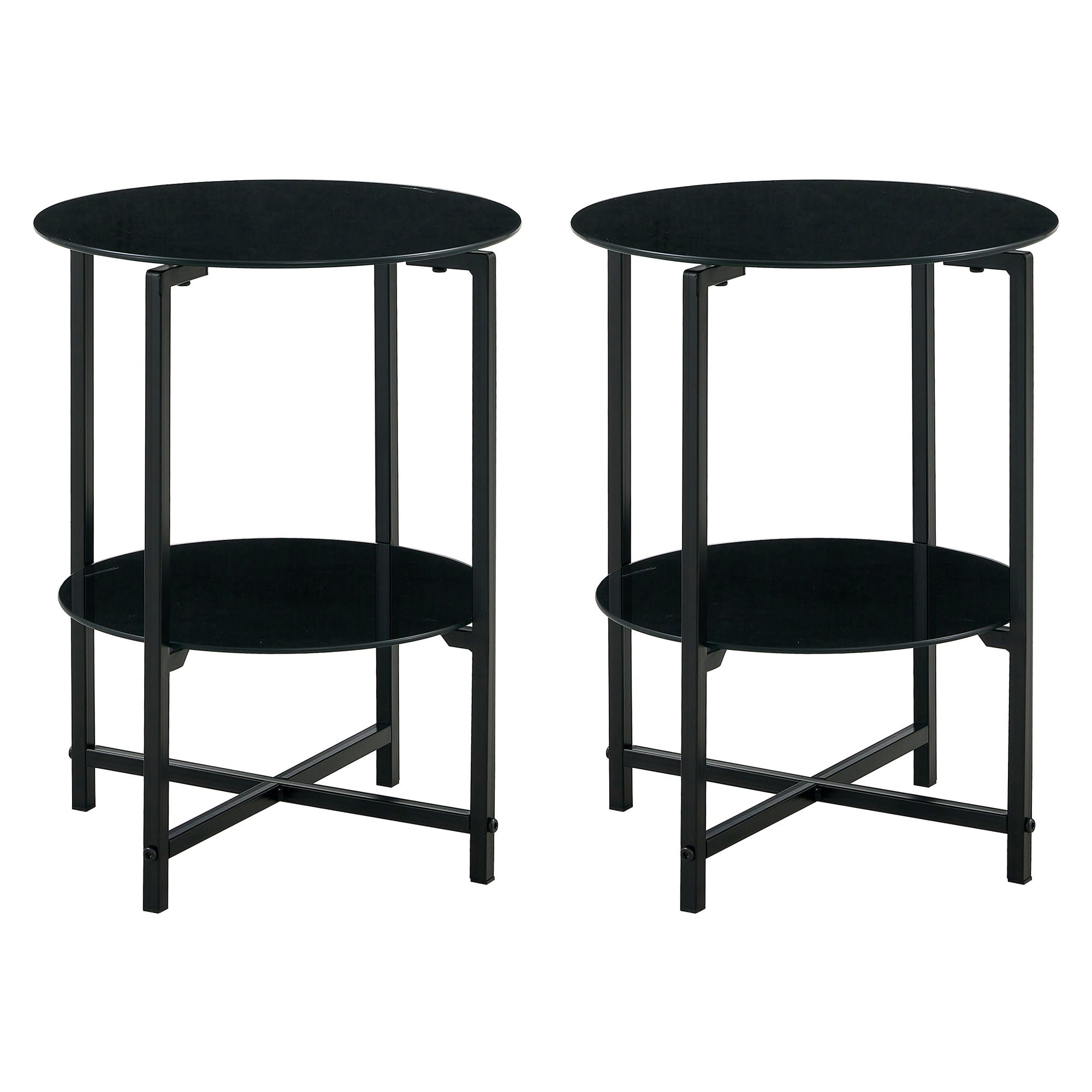 JWS Tempered Glass End Table (Set of 2), Round Coffee Table For Bedroom Living Room Office - Black