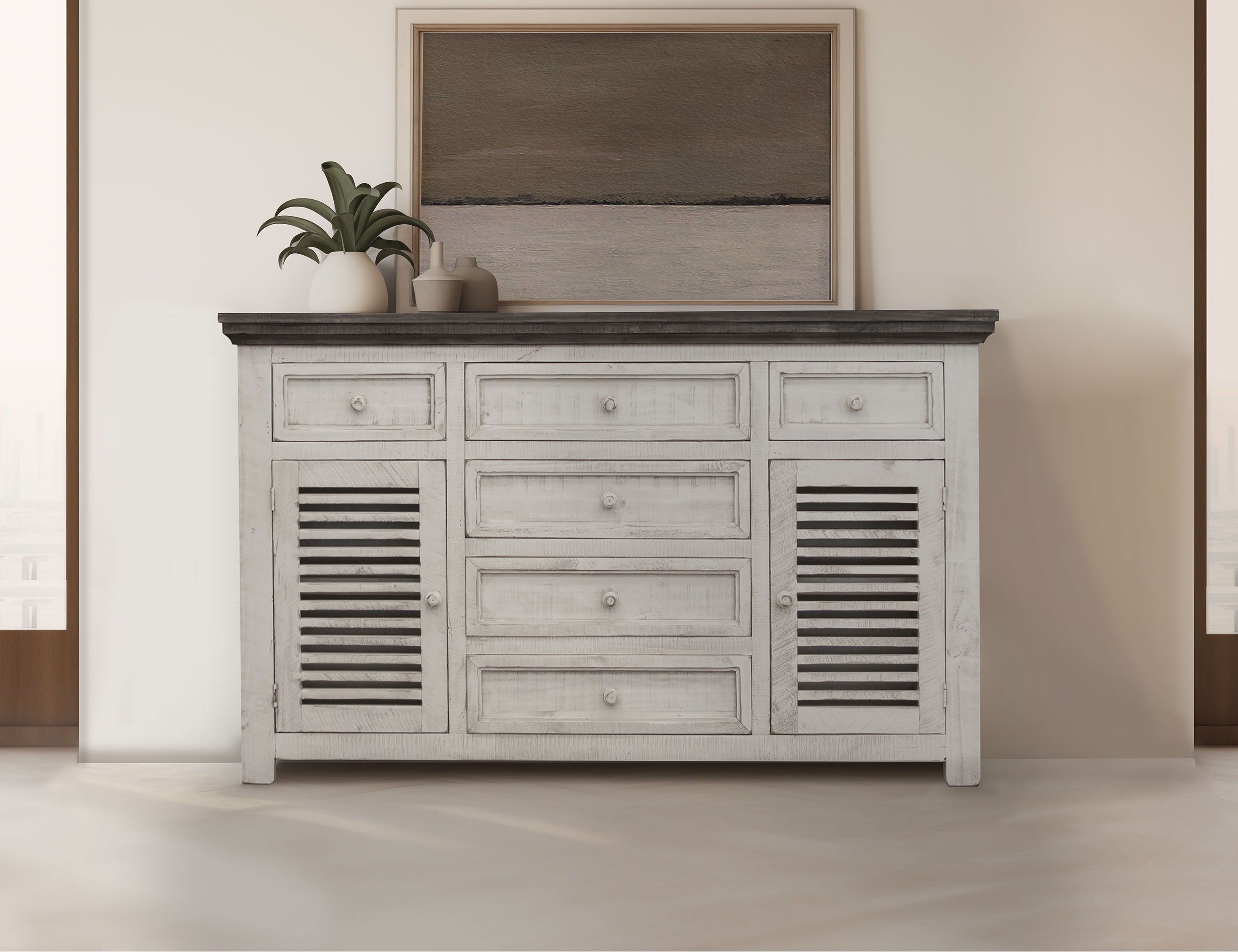 International Furniture Direct Stone - Buffet - Antiqued Ivory / Weathered Gray | Meri Furniture