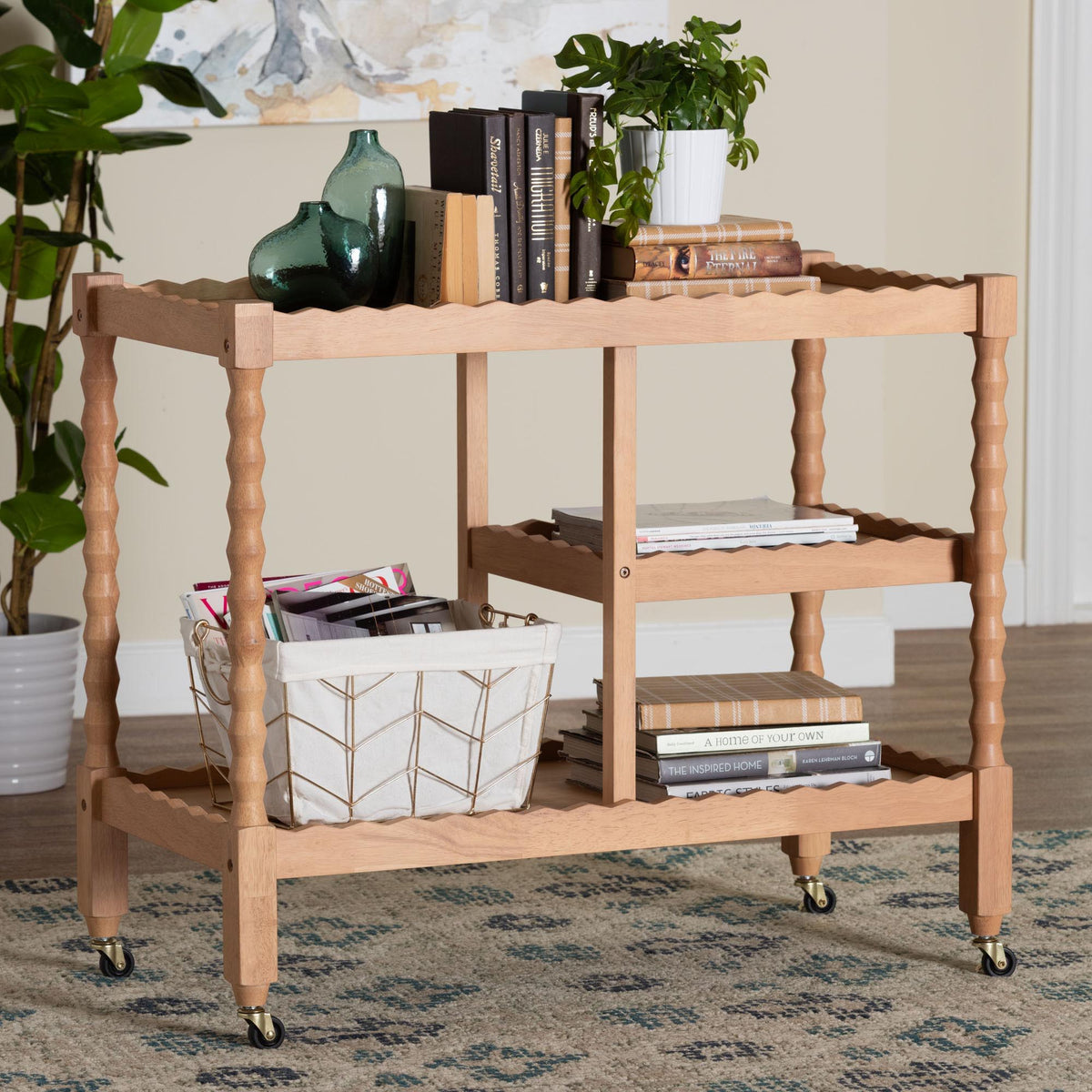 Seamus 3-Tier Book Cart with Bobbin Frame, Beech Brown