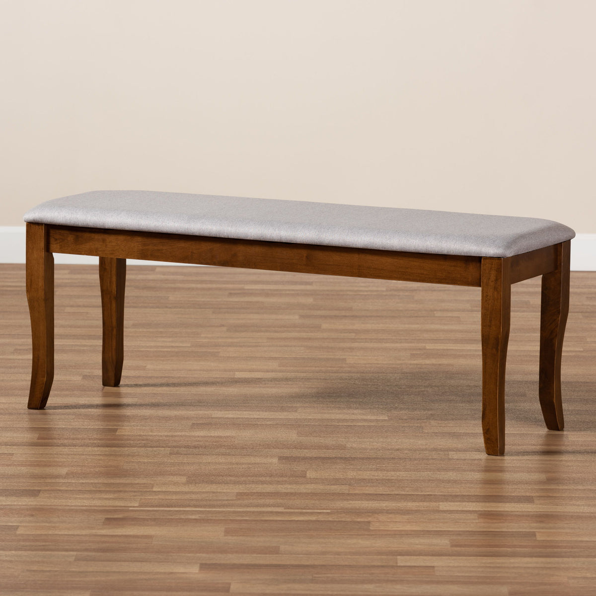 Cornelie Modern and Contemporary Transitional Grey Fabric Upholstered and Walnut Brown Finished Wood Dining Bench