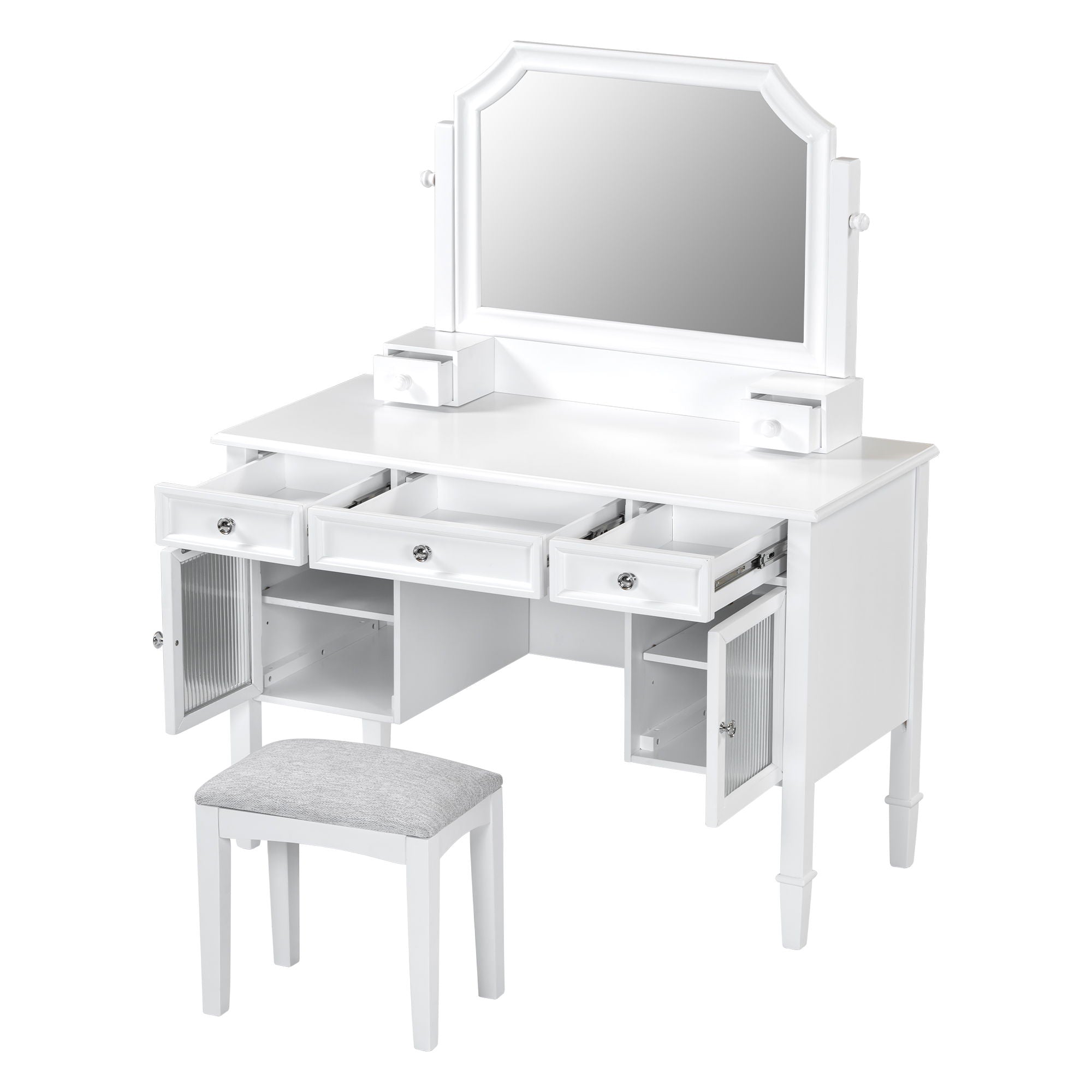 Elegant Makeup Vanity Desk With Adjustable Mirror And Storage And Construction - White