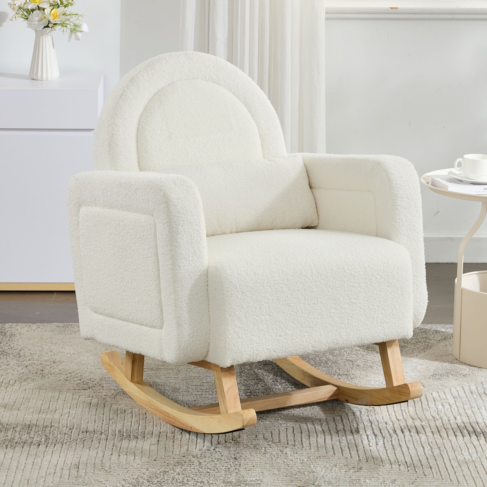 Accent Rocking Chair With Curved Back & Pillow, Base, Ultimate Comfort For Living Room Or Nursery - Cream White
