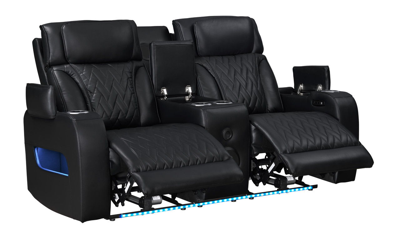 Jazz Black Leather Aire Transformer Power Reclining Sofa & Loveseat Living Room Set with Power Headrest, Bluetooth Speakers, LED Lights, Wireless Charging Drop-Down Table, USB & USB-C Ports, Storage & Cupholders
