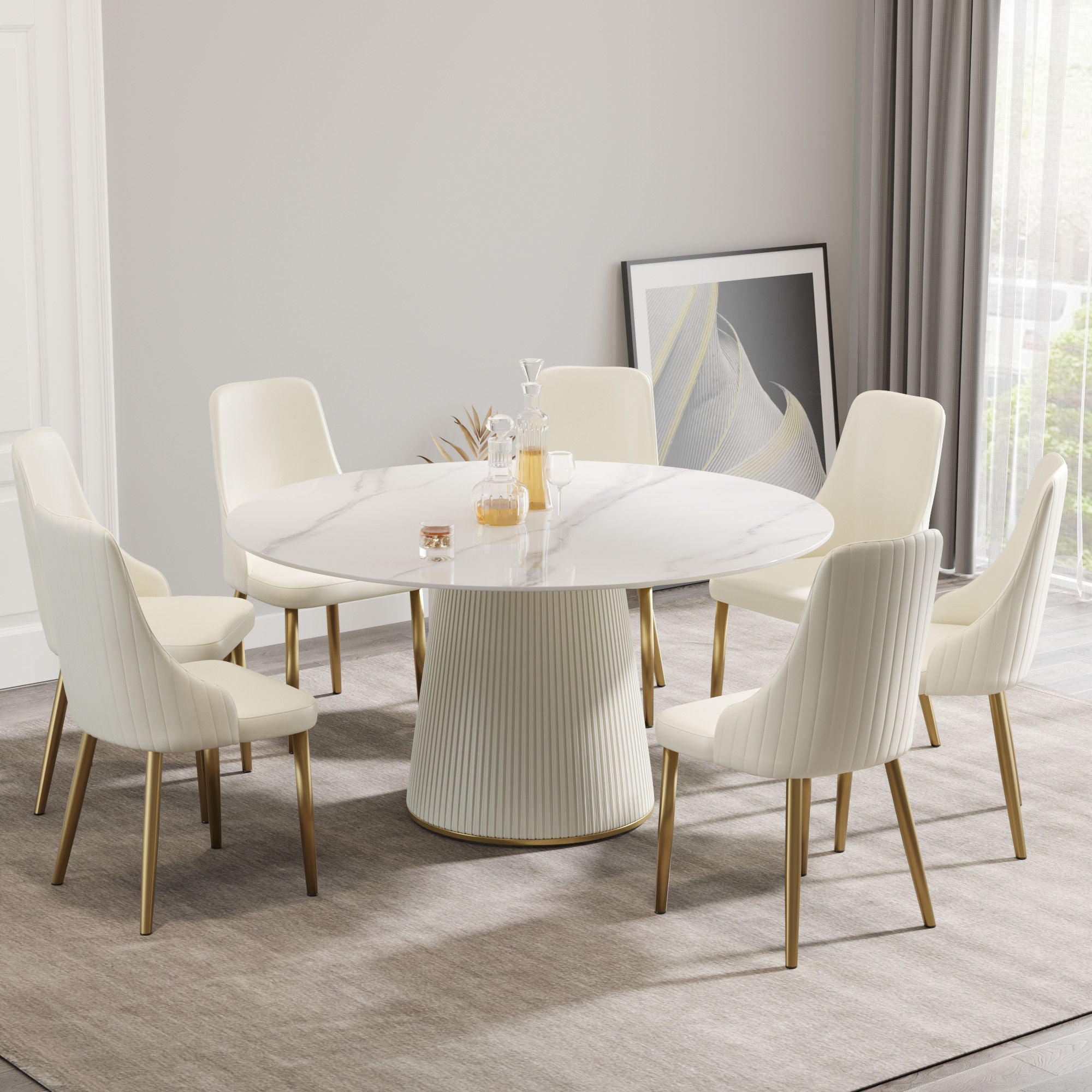 Modern Artificial Stone Round Plywood Base Dining Table, Can Accommodate 8 People, (Not Including Chairs) - White / Beige