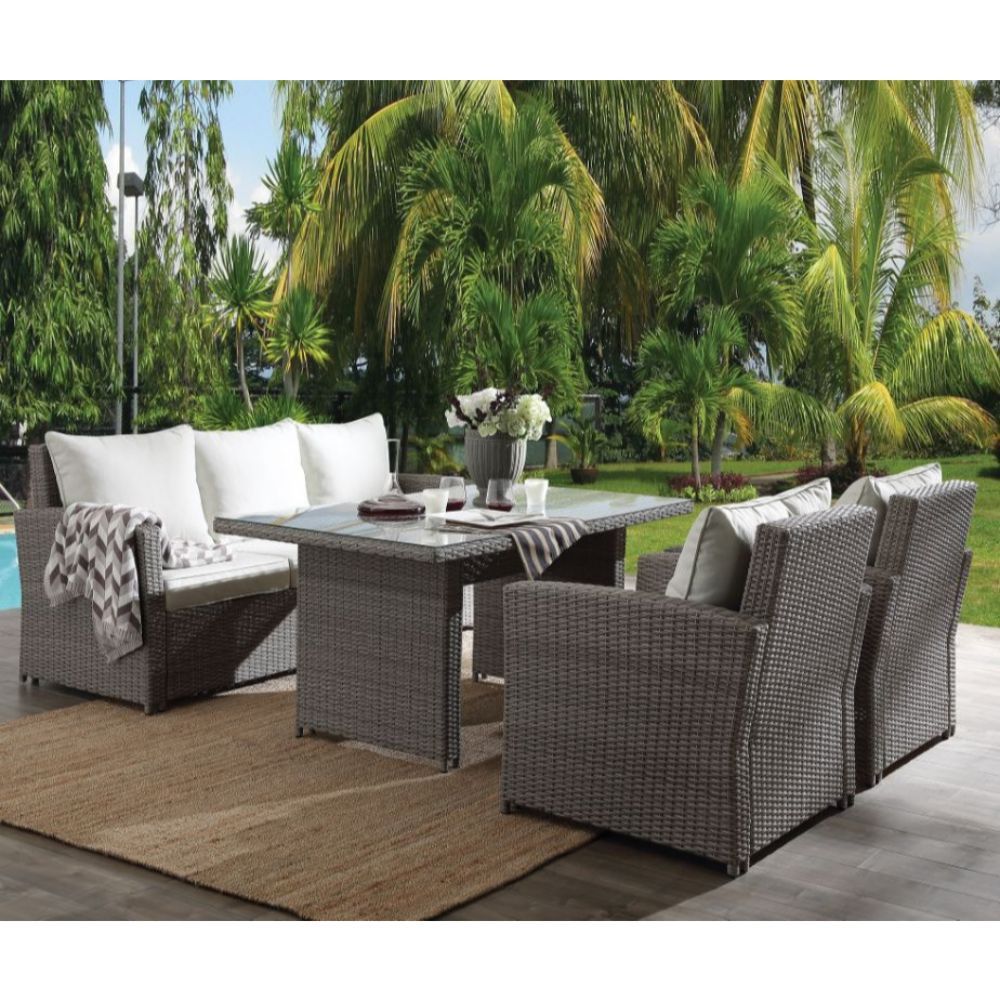 ACME Tahan - Patio Set - Fabric & 2-Tone Gray Wicker | Meri Furniture