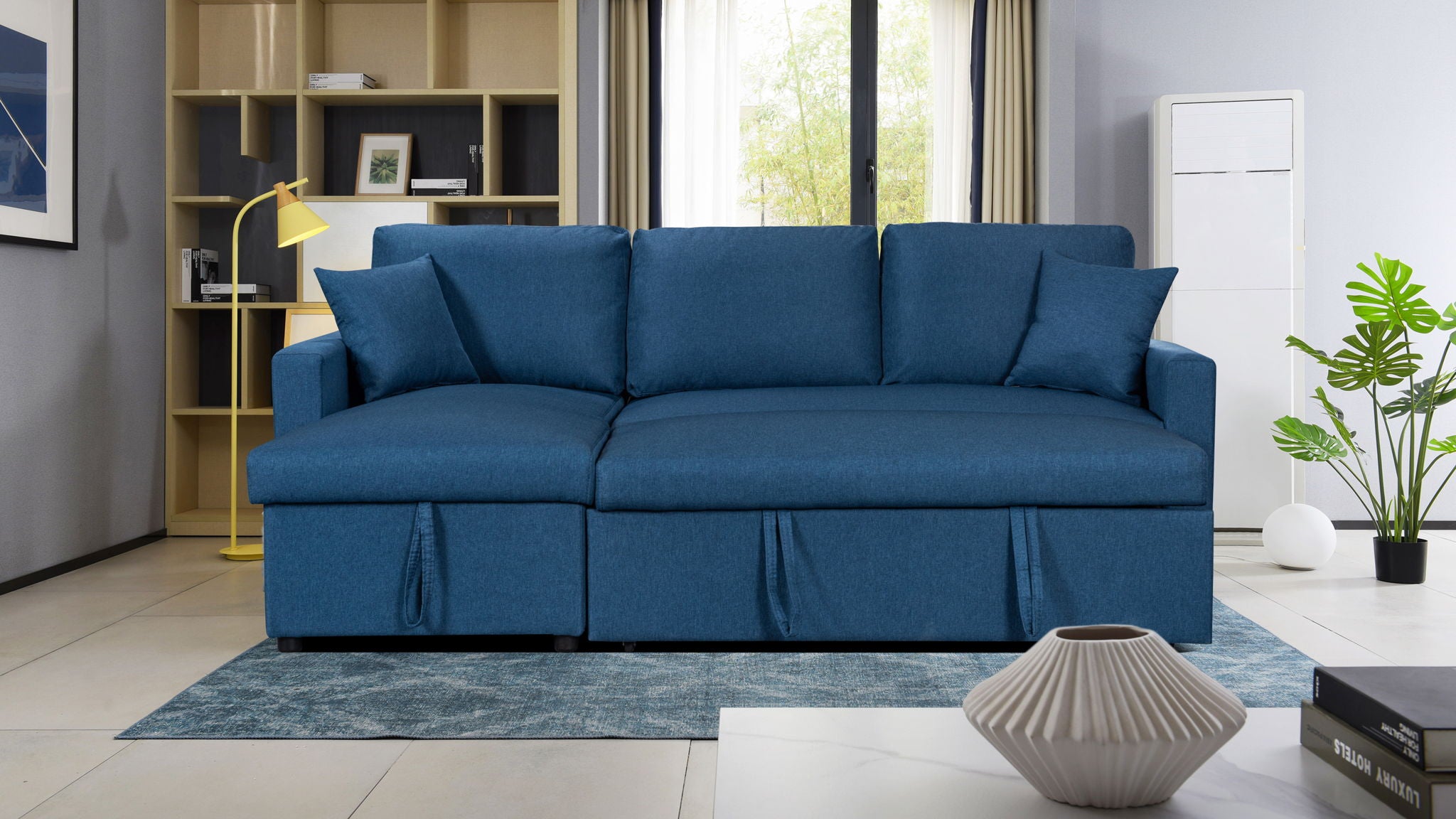 Paisley 82"W Blue Linen Fabric Reversible Sleeper Sectional Sofa with Storage Chaise