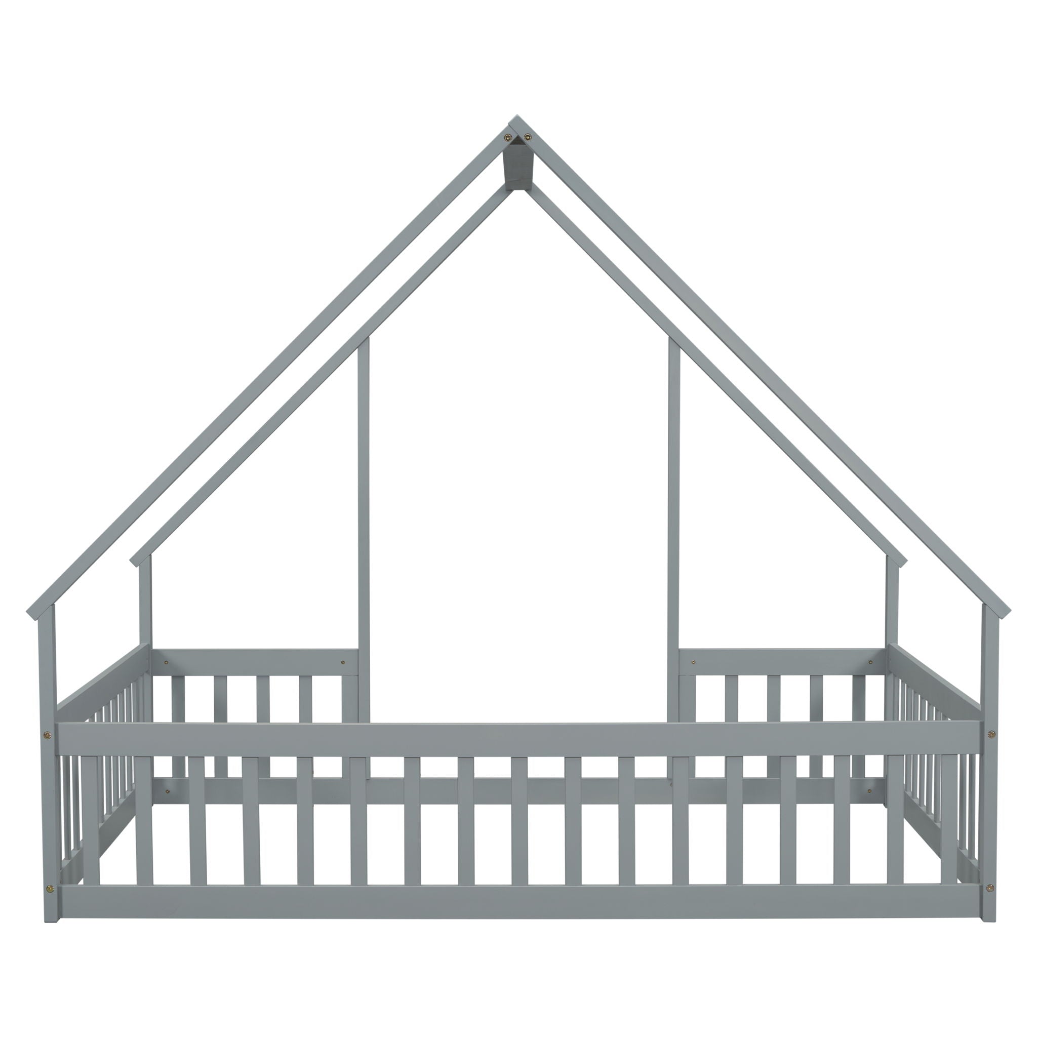 Wood House-Shaped Floor Bed With Fence, Guardrails