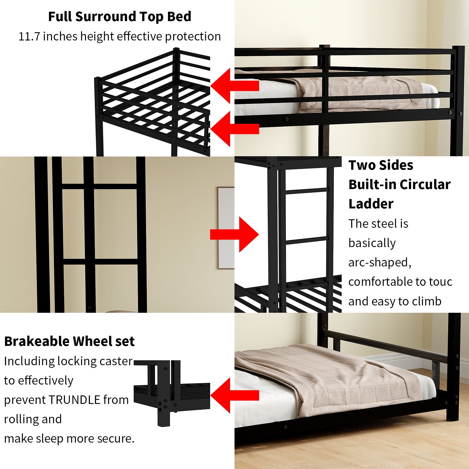 Bunk Bed With Noise Reduction And Safety Guardrail