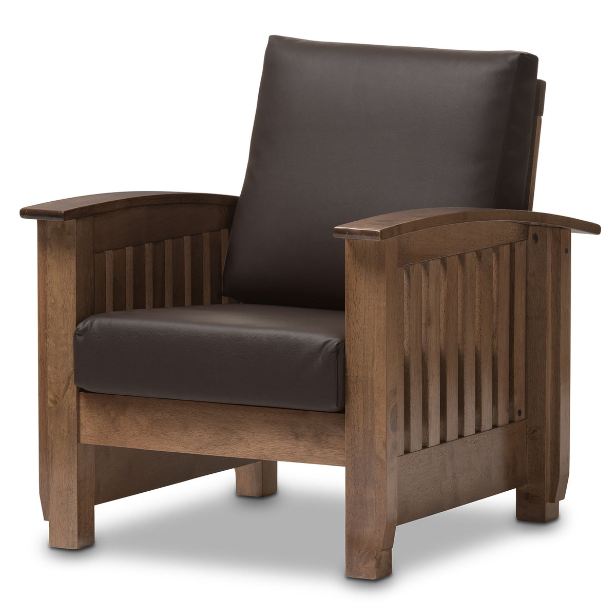 Charlotte Modern Classic Mission Style Walnut Brown Wood and Dark Brown Faux Leather 1-Seater Lounge Chair